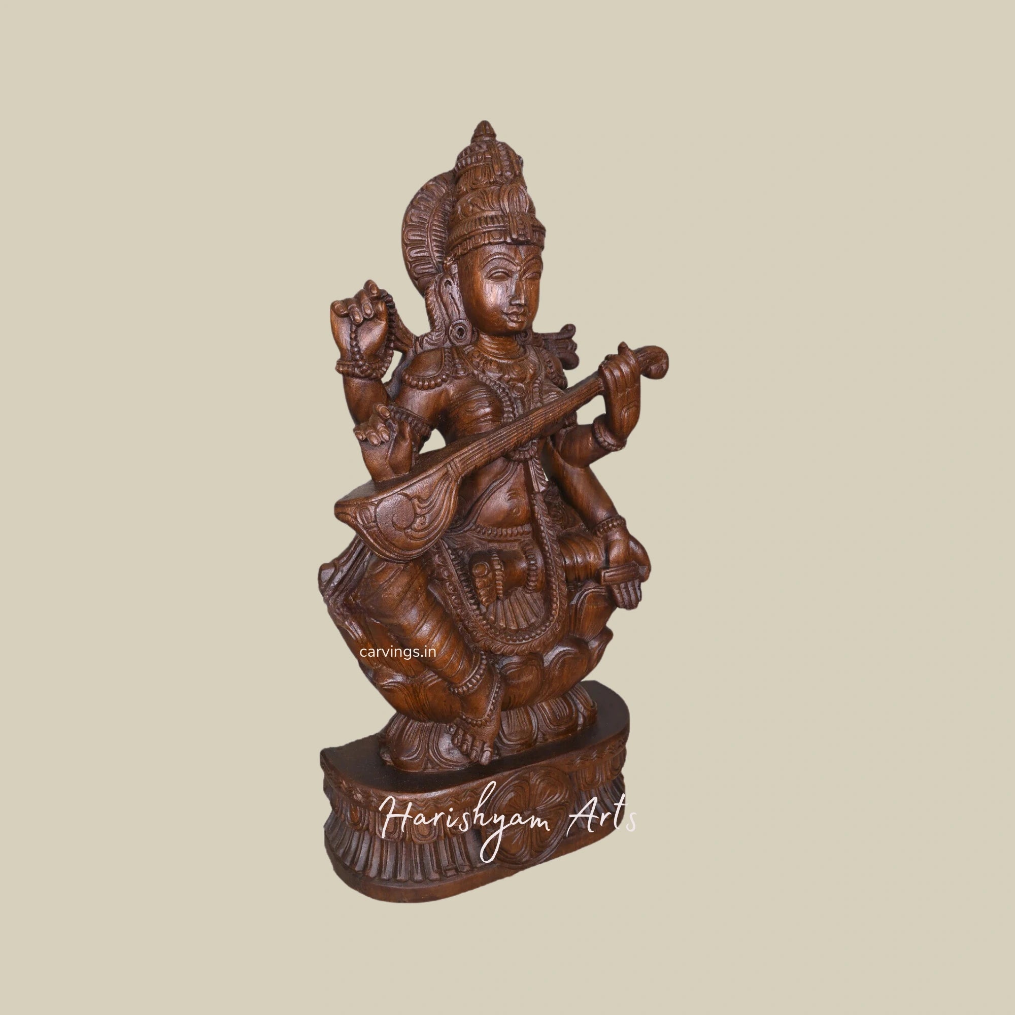 36" H3andcrafted Wooden Saraswati Sculpture Seated on Lotus Playing the Veena