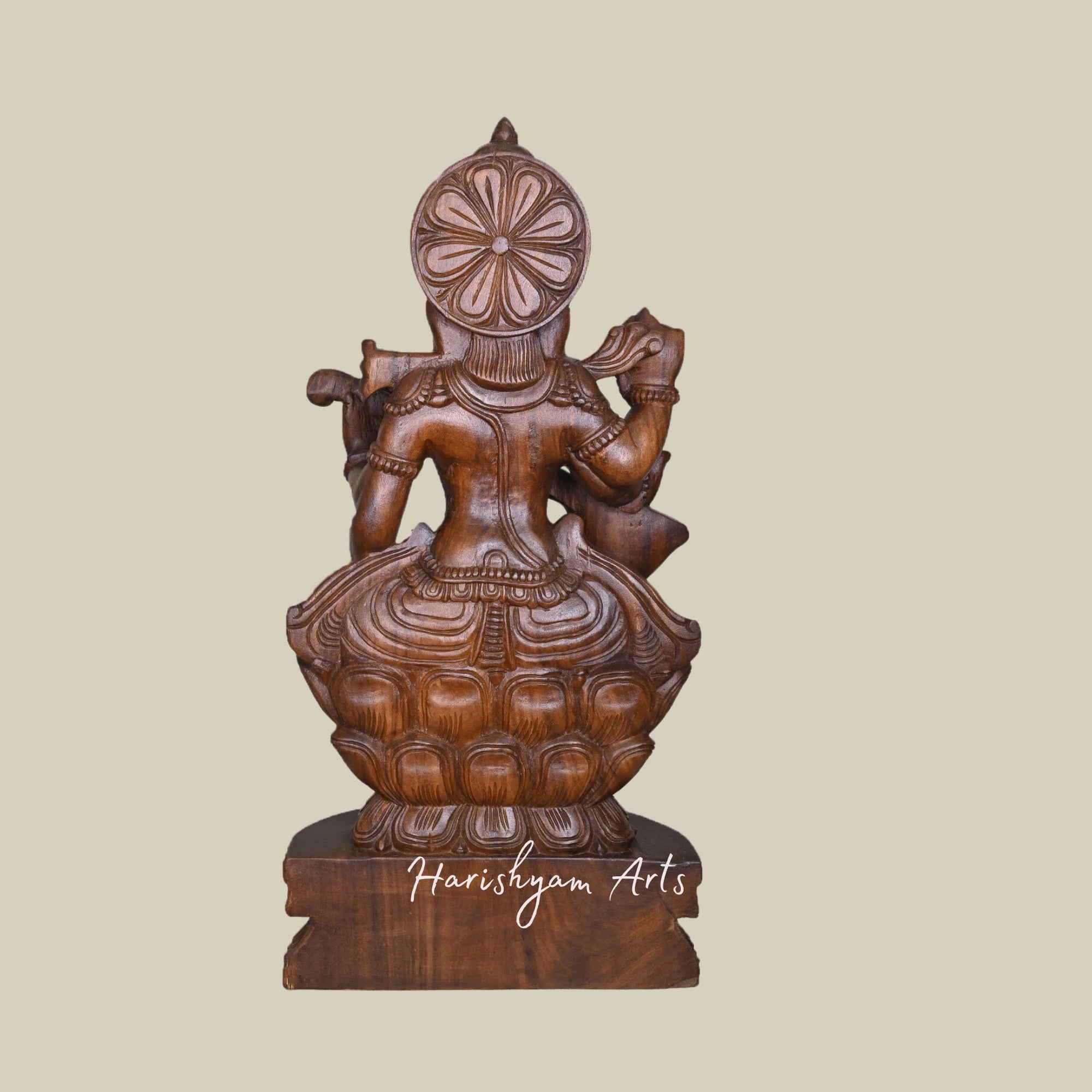 36" Handcrafted Wooden Saraswati Sculpture Seated on Lotus Playing the Veena4