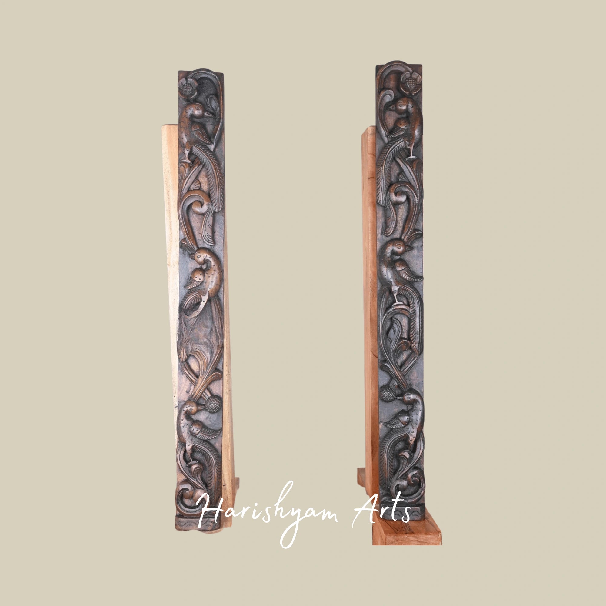 36" Handcrafted Wooden Wall Art – Twin Parrots on Tree with Natural Brown Finish | Elegant Door Accent Panel