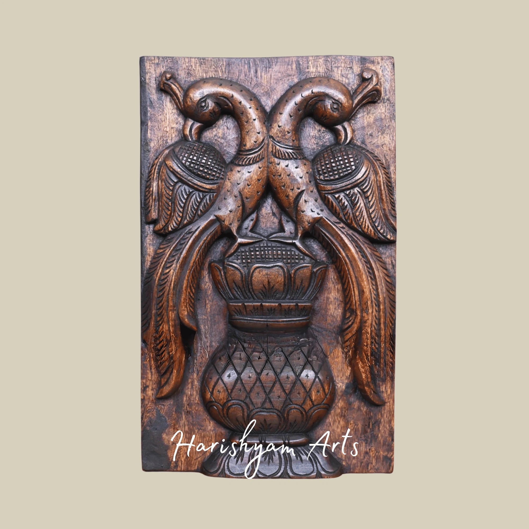36" Handcrafted Wooden Wall Art – Twin Parrots on Tree with Natural Brown Finish | Elegant Door Accent Panel