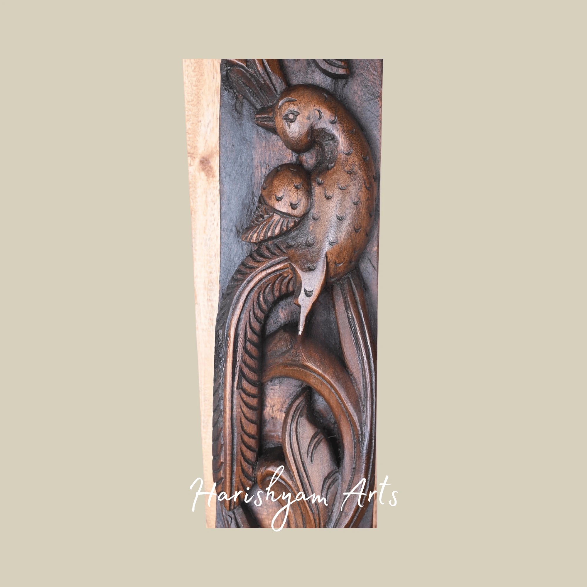 36" Handcrafted Wooden Wall Art – Twin Parrots on Tree with Natural Brown Finish | Elegant Door Accent Panel