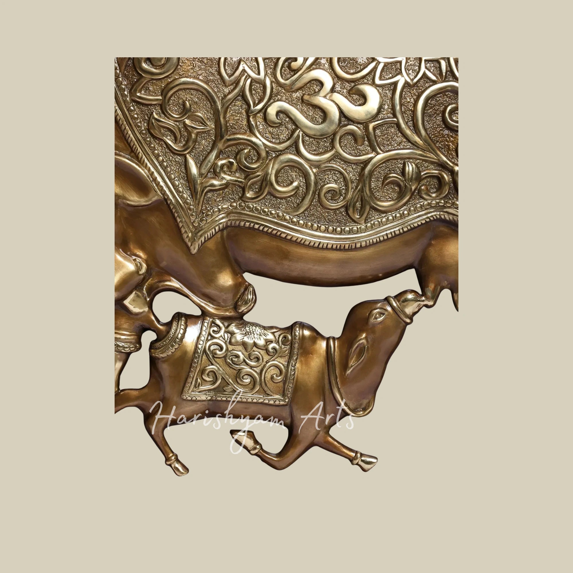 36" Kamadhenu Cow and Calf Brass Wall Panel with Carved Wooden Frame