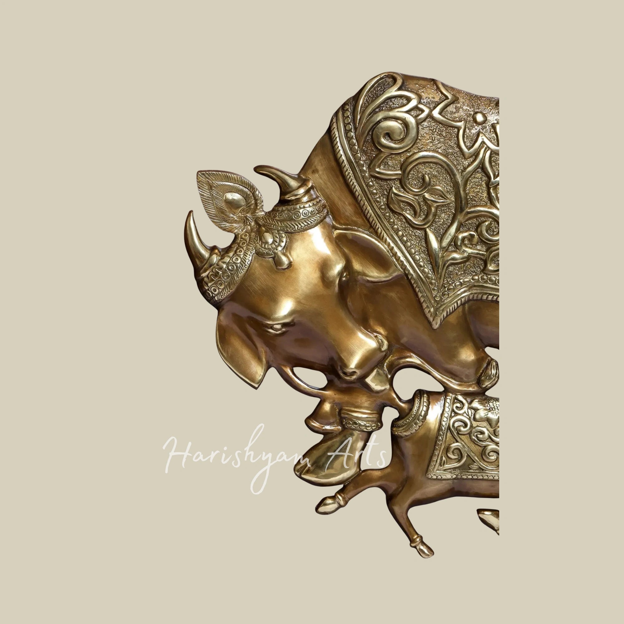 36" Kamadhenu Cow and Calf Brass Wall Panel with Carved Wooden Frame