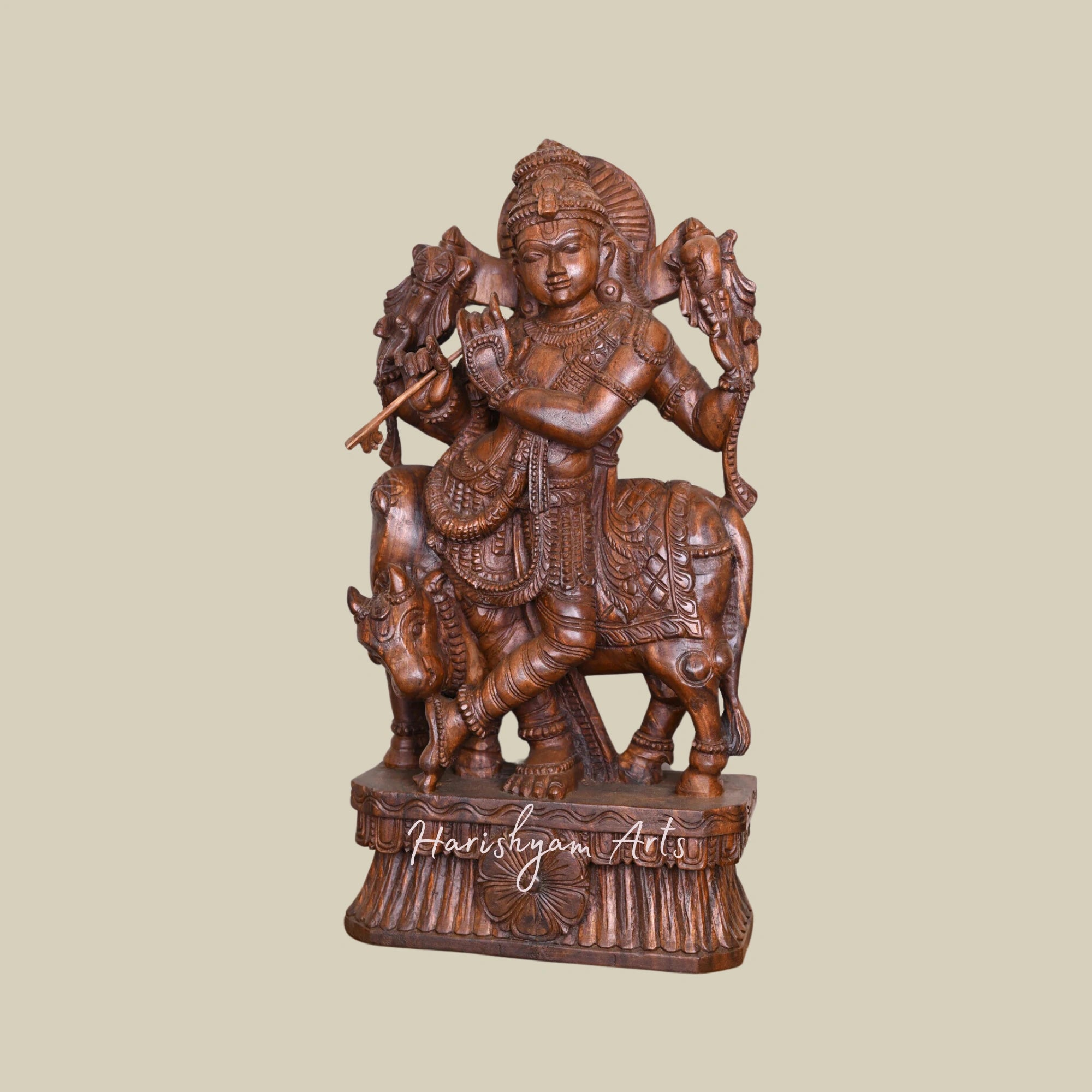 36" Krishna Statue in Wood for Temple, Standing with Cow and Playing Flute1