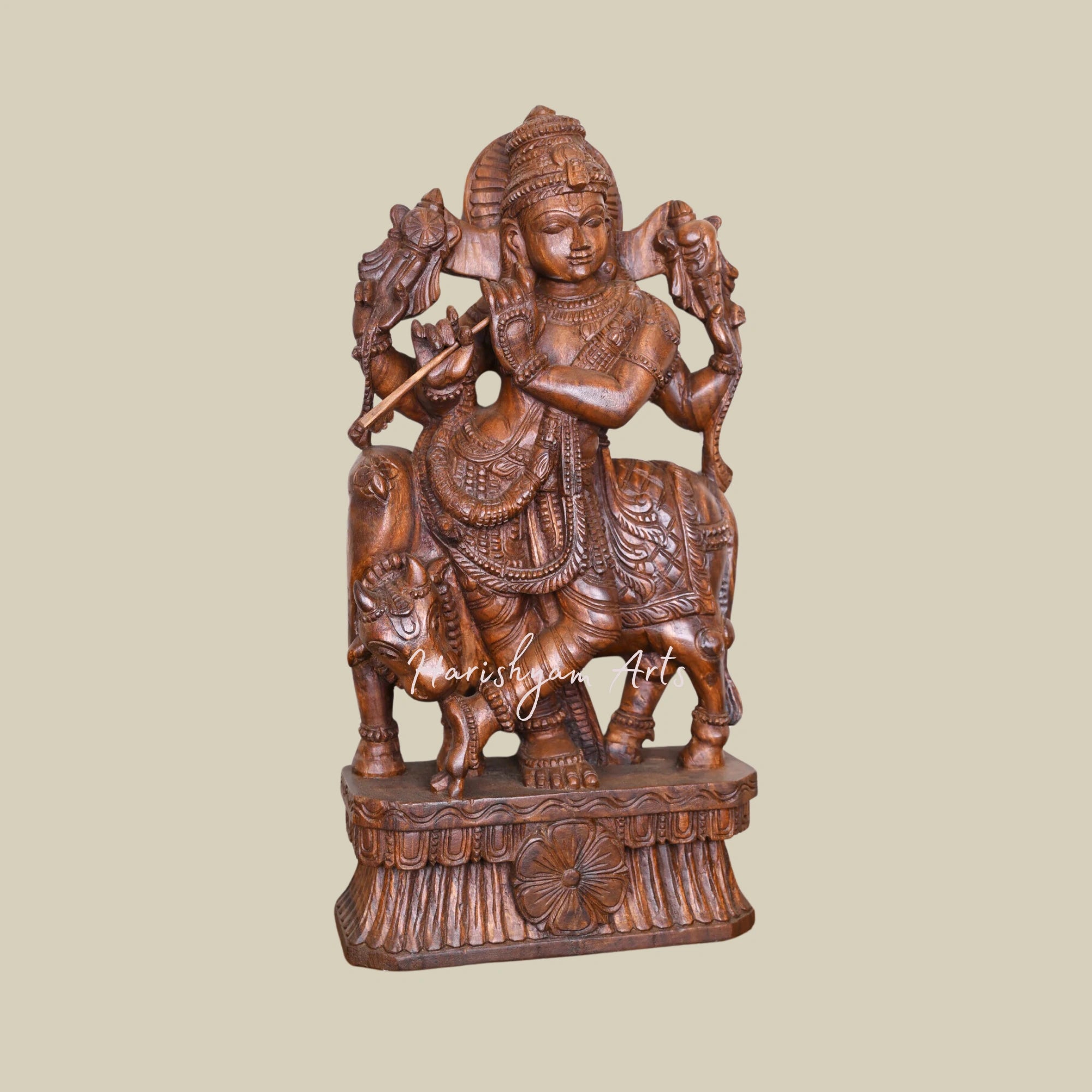 36" Krishna Statue in Wood for Temple, Standing with Cow and Playing Flute2