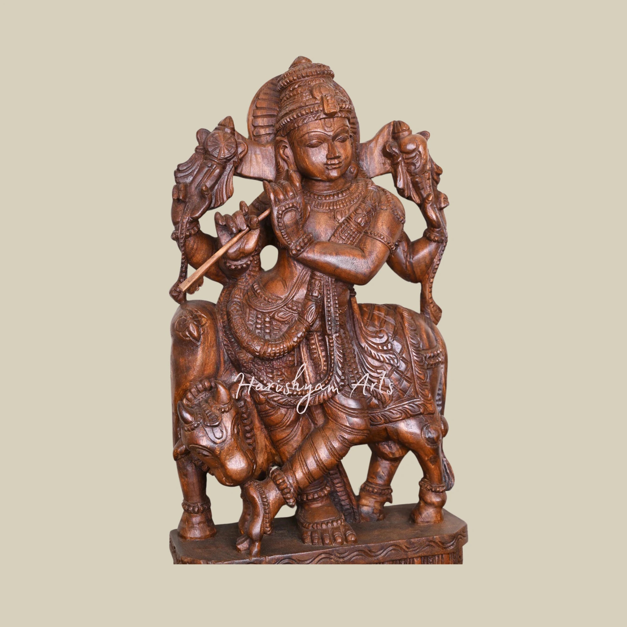 36" Krishna Statue in Wood for Temple, Standing with Cow and Playing Flute3