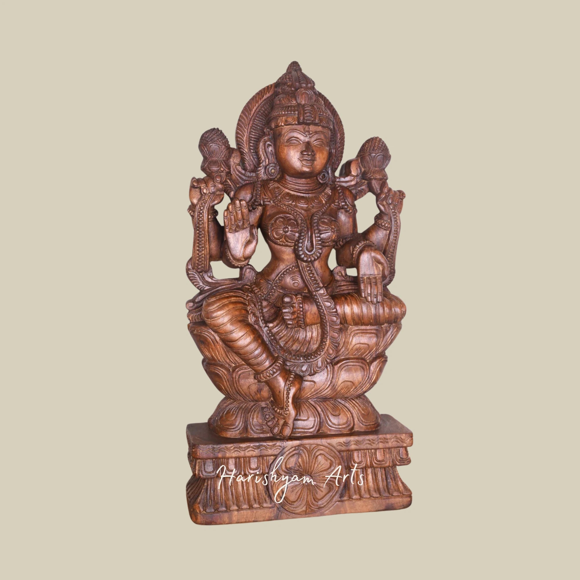 36" Lakshmi Maa Wooden Idol on Double Petal Lotus, Handmade Sculpture