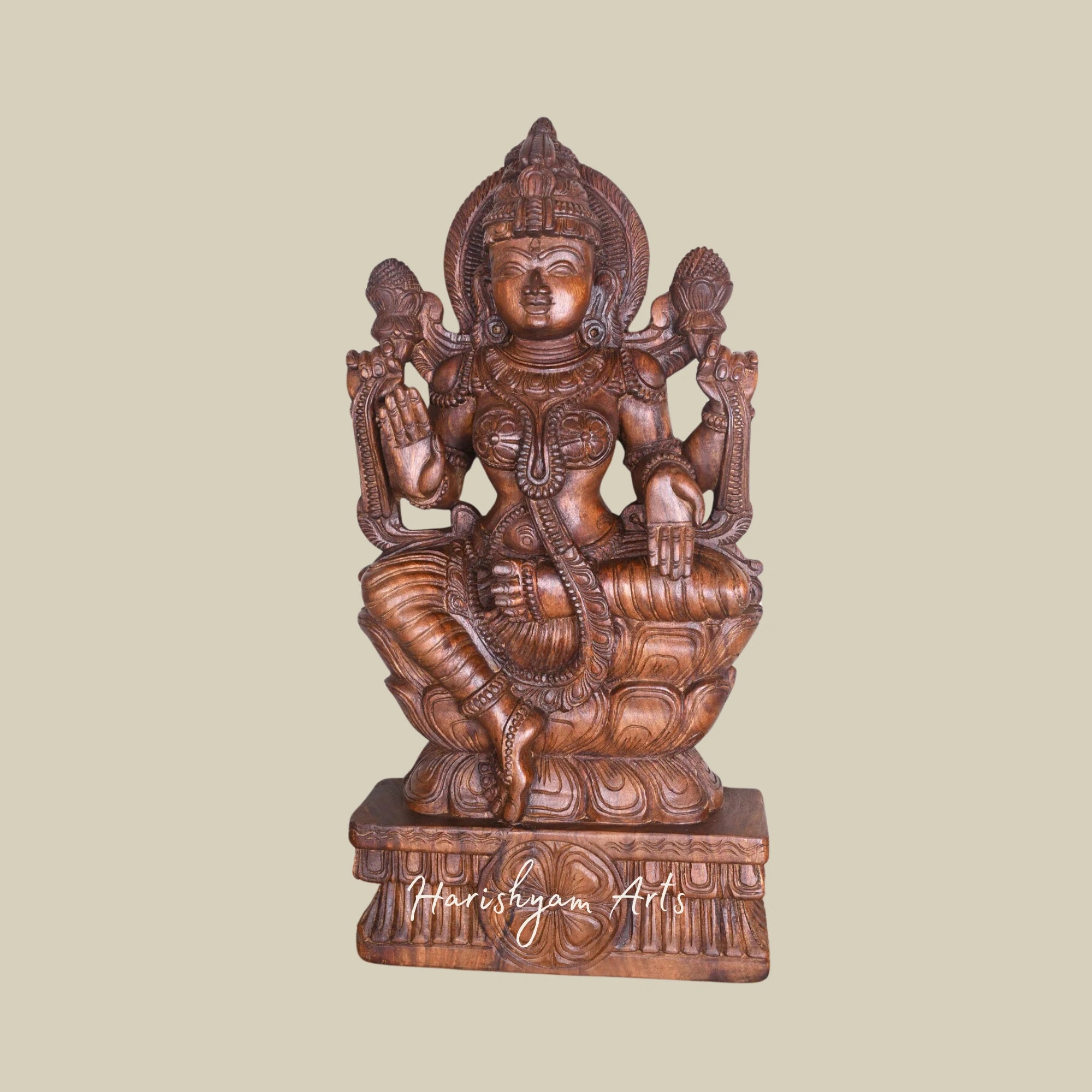 36" Lakshmi Maa Wooden Idol on Double Petal Lotus, Handmade Sculpture1