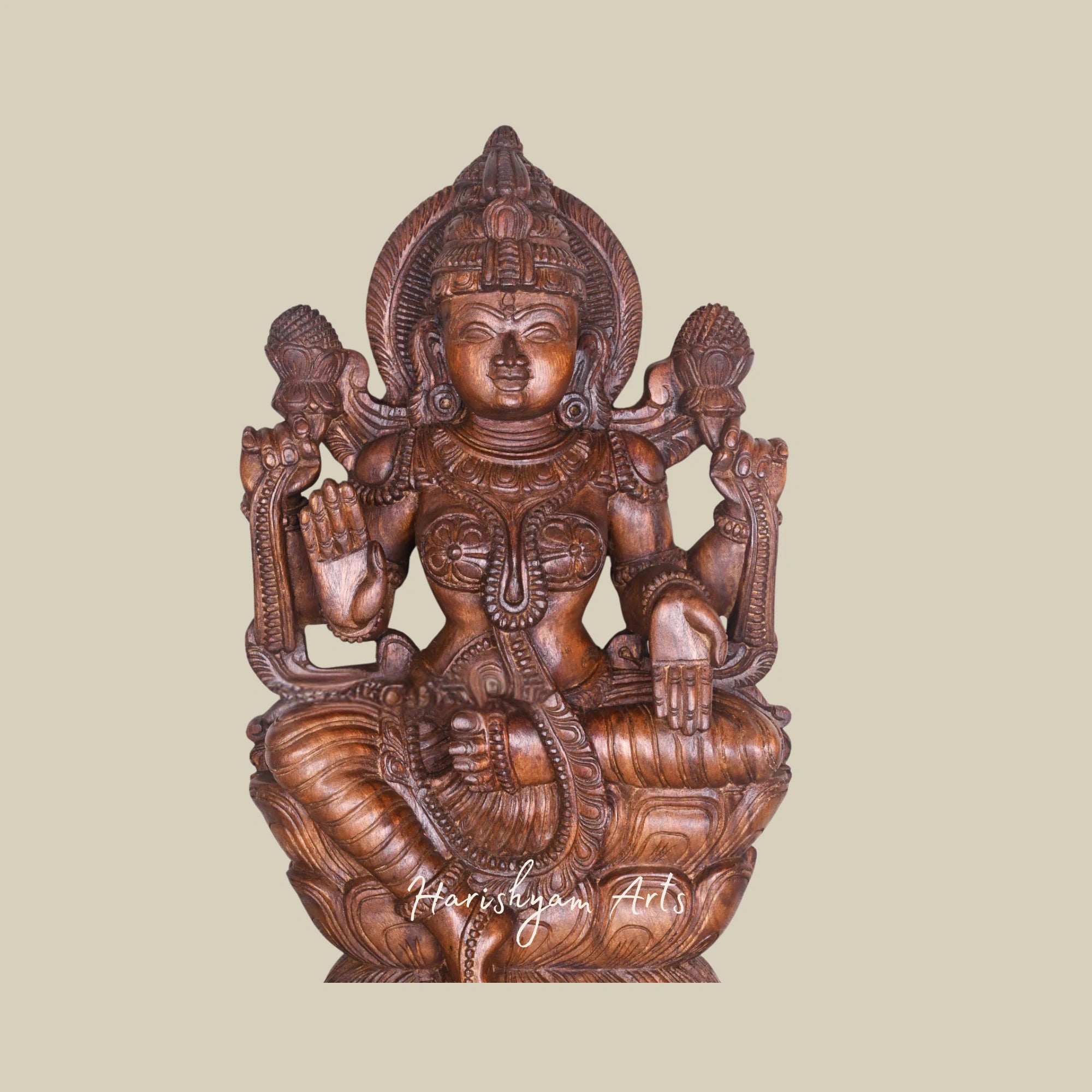 36" Lakshmi Maa Wooden Idol on Double Petal Lotus, Handmade Sculpture2