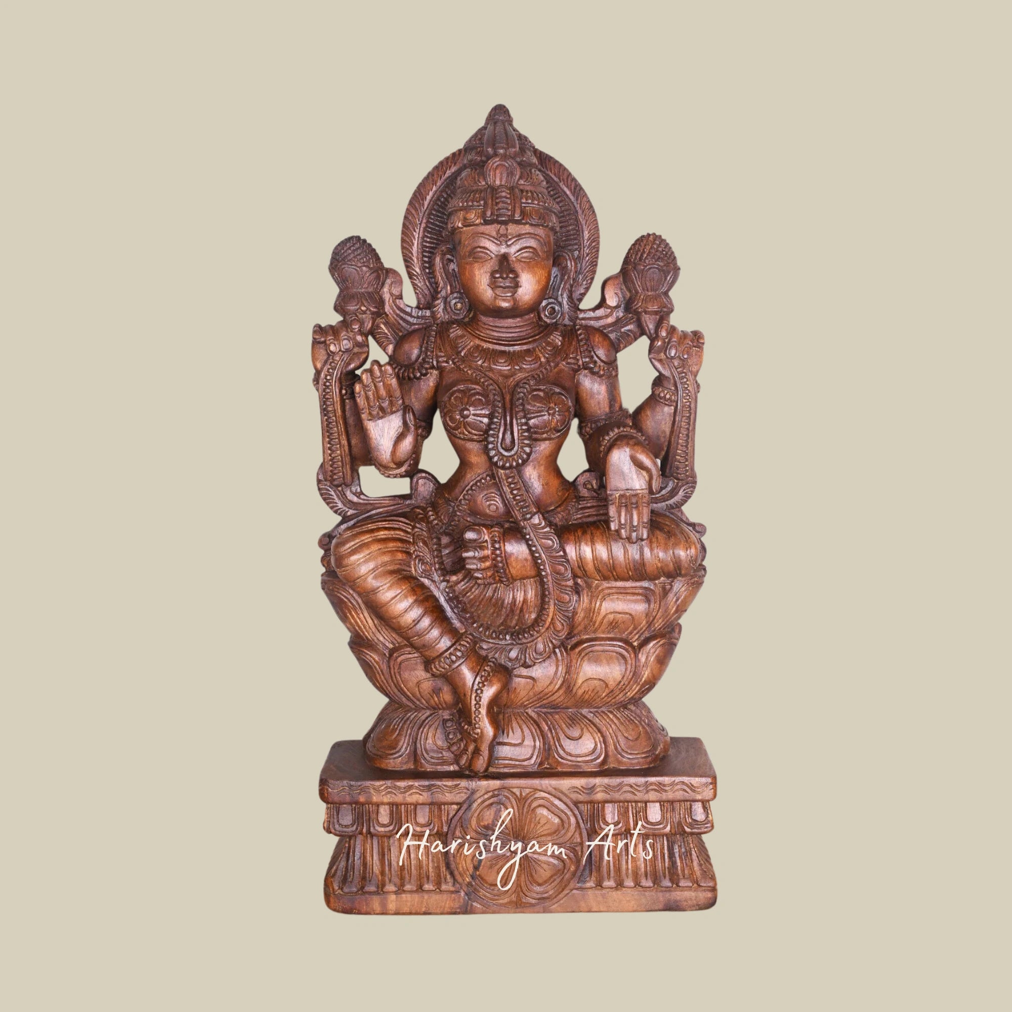 36" Lakshmi Maa Wooden Idol on Double Petal Lotus, Handmade Sculpture3