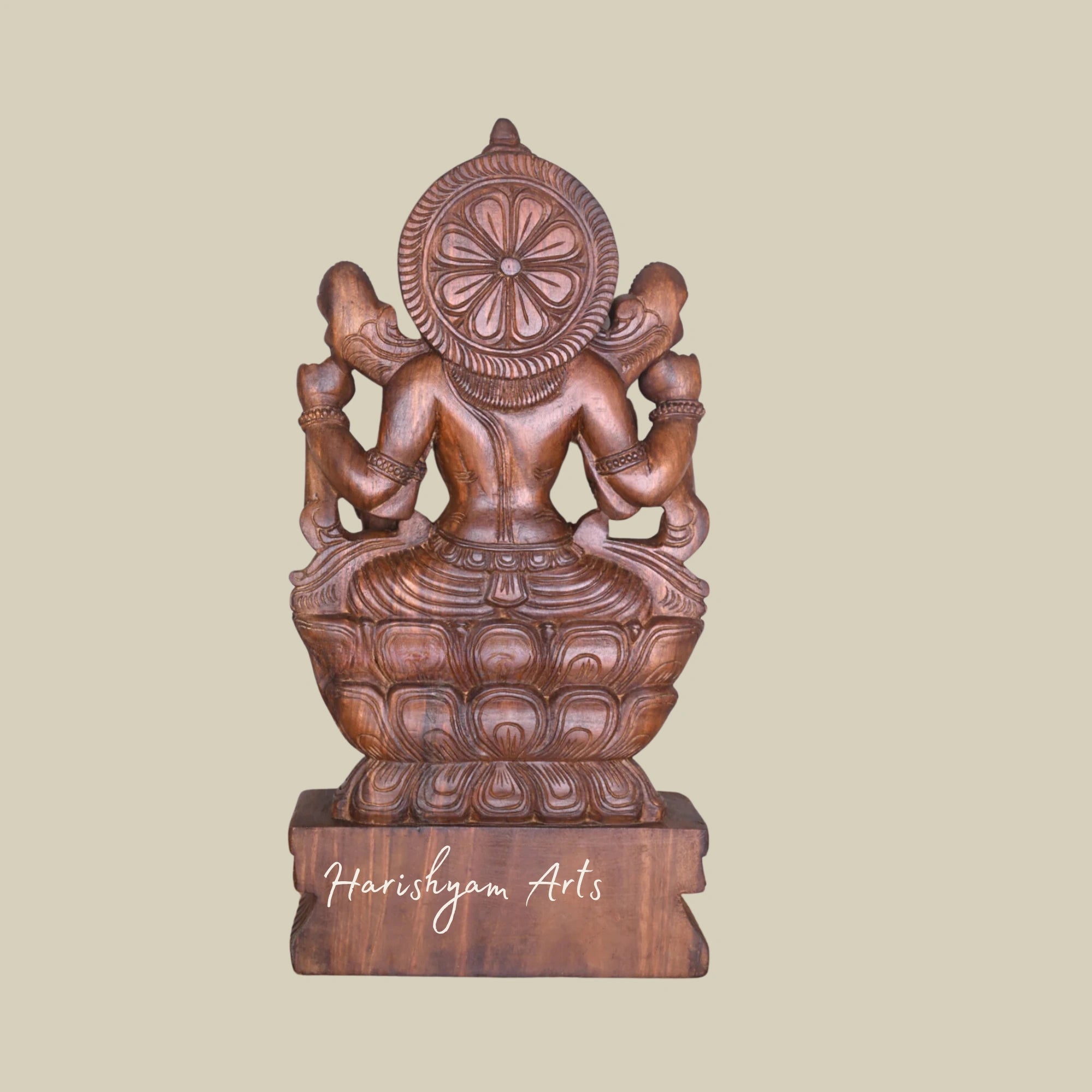 36" Lakshmi Maa Wooden Idol on Double Petal Lotus, Handmade Sculpture4