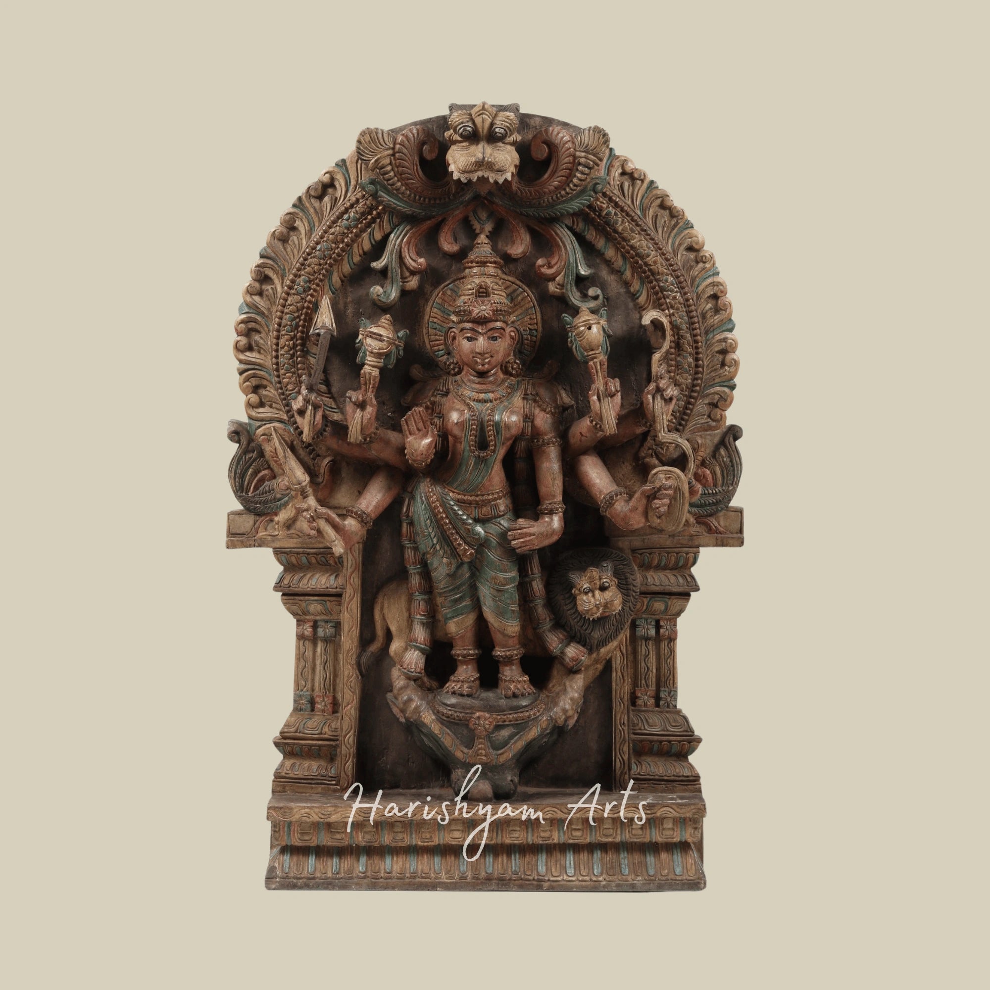 36" Large Eight-Armed Goddess Durga with Kirtimukha Arch Intricately Carved Wooden Durga Statue for Wall Hanging