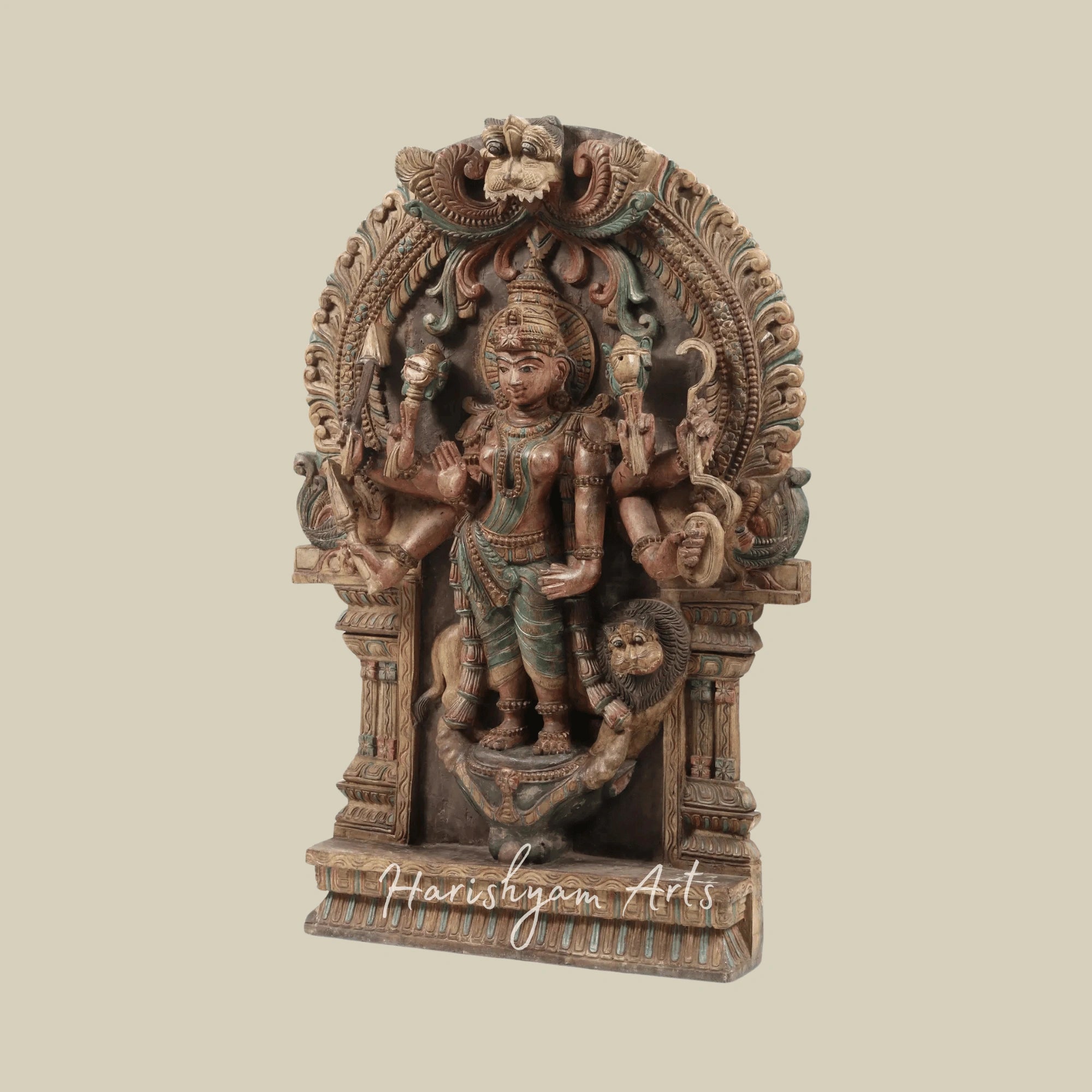 36" Large Eight-Armed Goddess Durga with Kirtimukha Arch Intricately Carved Wooden Durga Statue for Wall Hanging