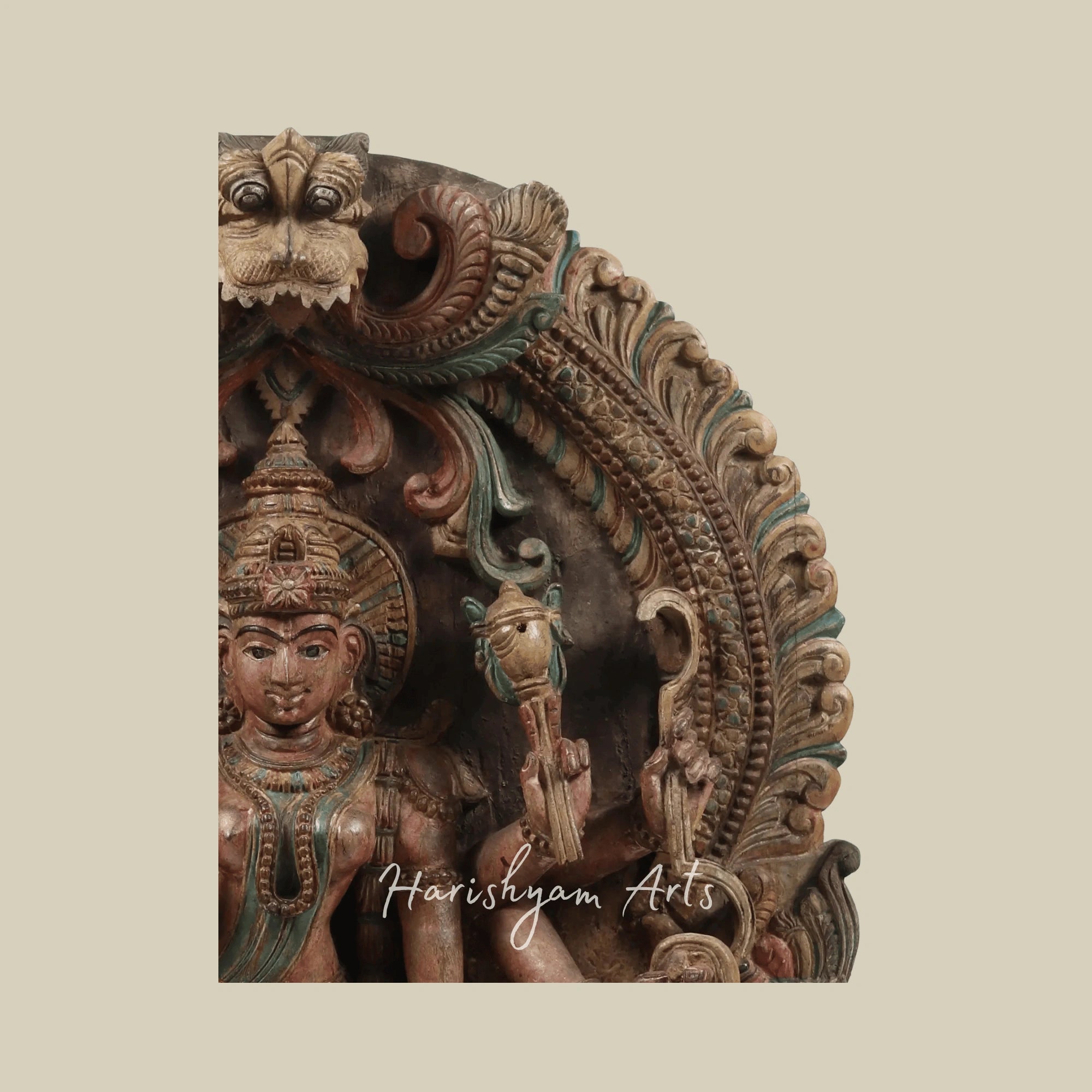 36" Large Eight-Armed Goddess Durga with Kirtimukha Arch Intricately Carved Wooden Durga Statue for Wall Hanging