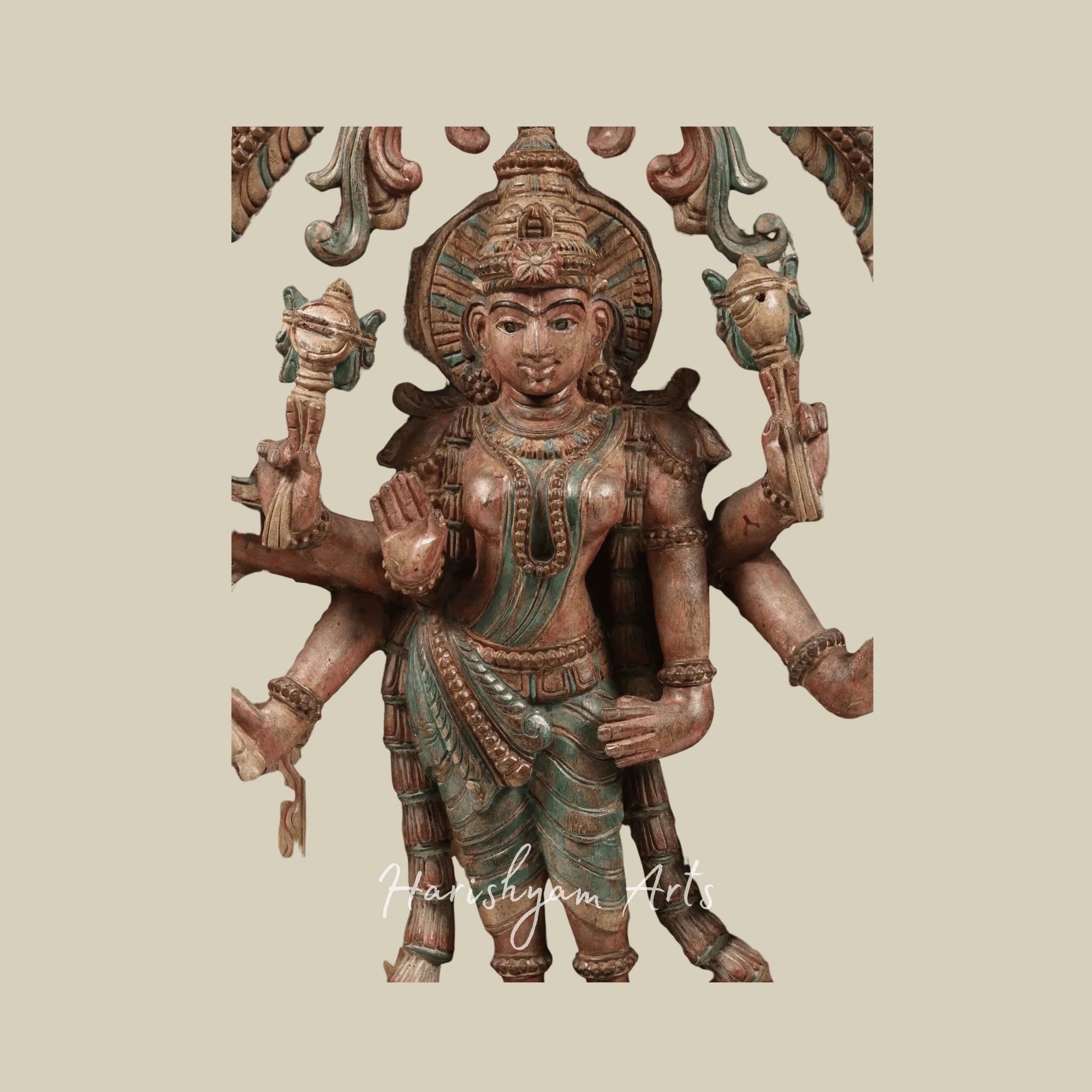 36" Large Eight-Armed Goddess Durga with Kirtimukha Arch Intricately Carved Wooden Durga Statue for Wall Hanging