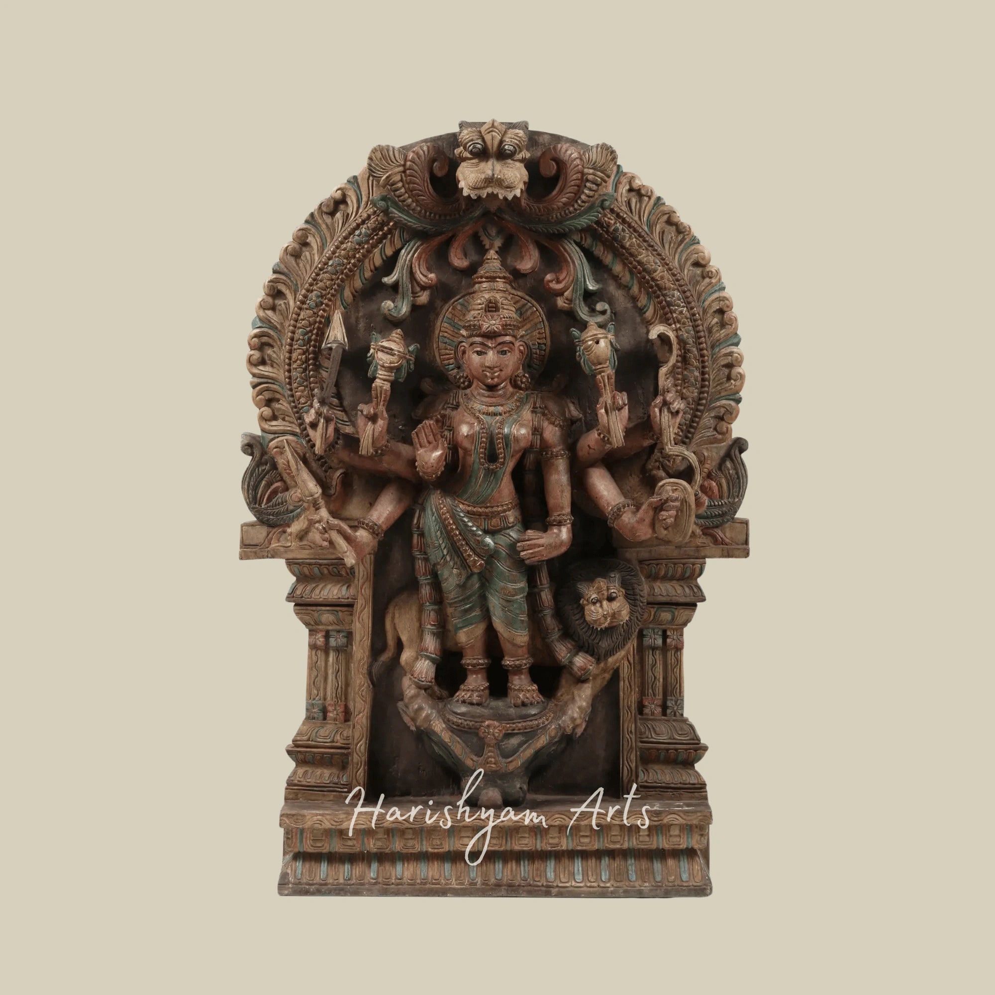 36" Large Eight-Armed Goddess Durga with Kirtimukha Arch Intricately Carved Wooden Durga Statue for Wall Hanging