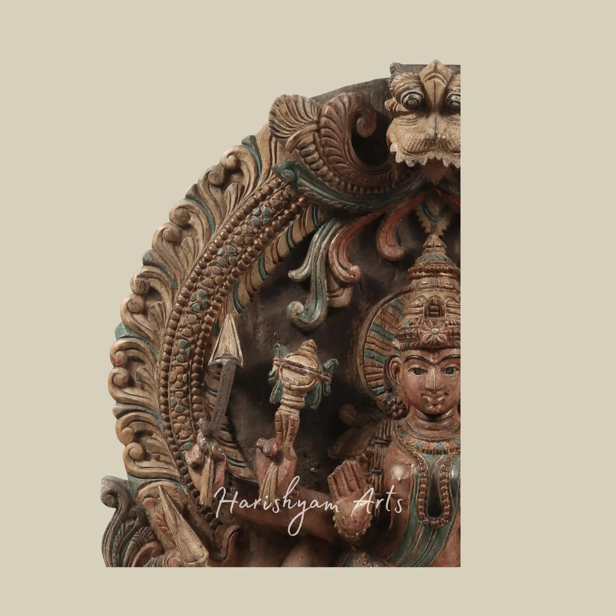 36" Large Eight-Armed Goddess Durga with Kirtimukha Arch Intricately Carved Wooden Durga Statue for Wall Hanging