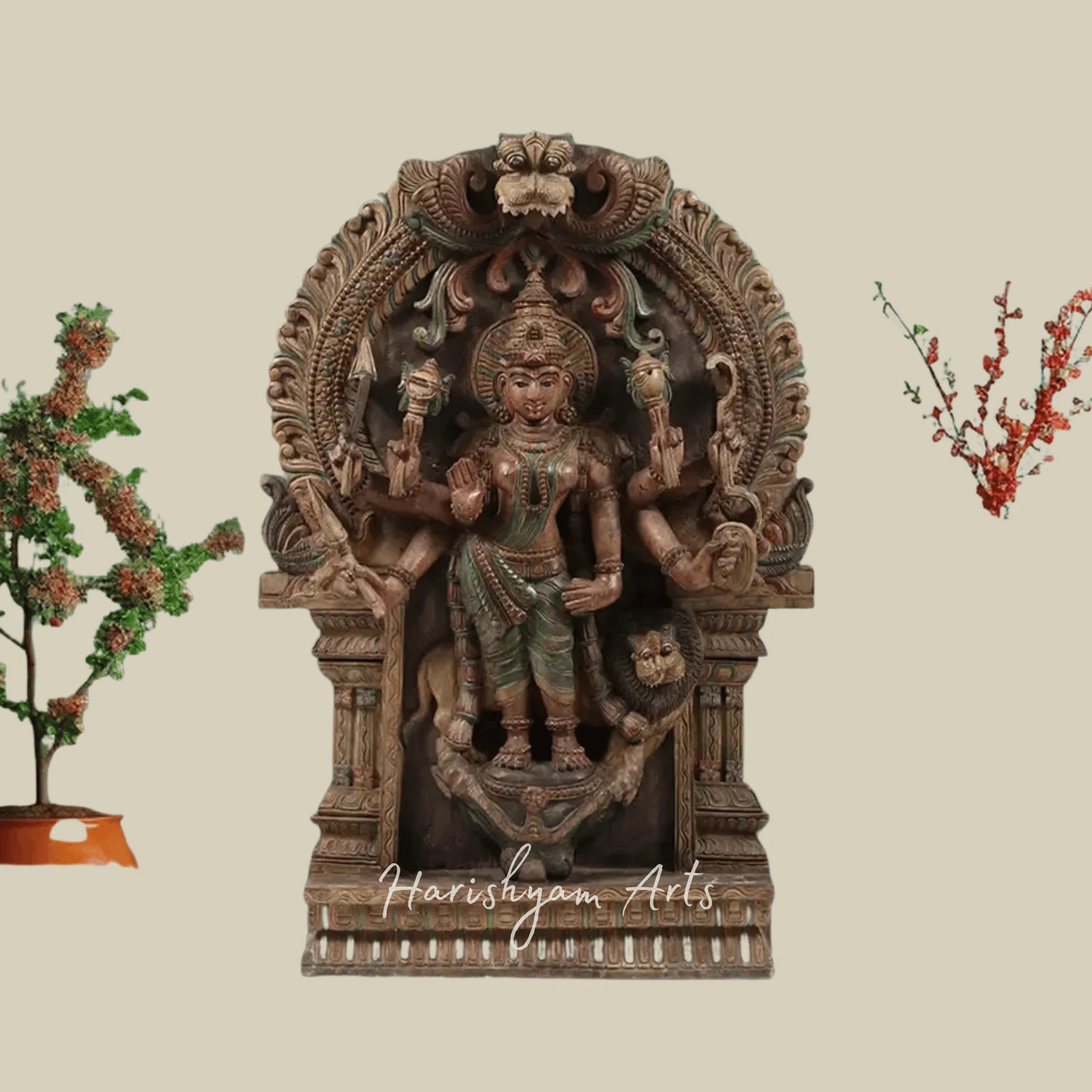 36" Large Eight-Armed Goddess Durga with Kirtimukha Arch Intricately Carved Wooden Durga Statue for Wall Hanging