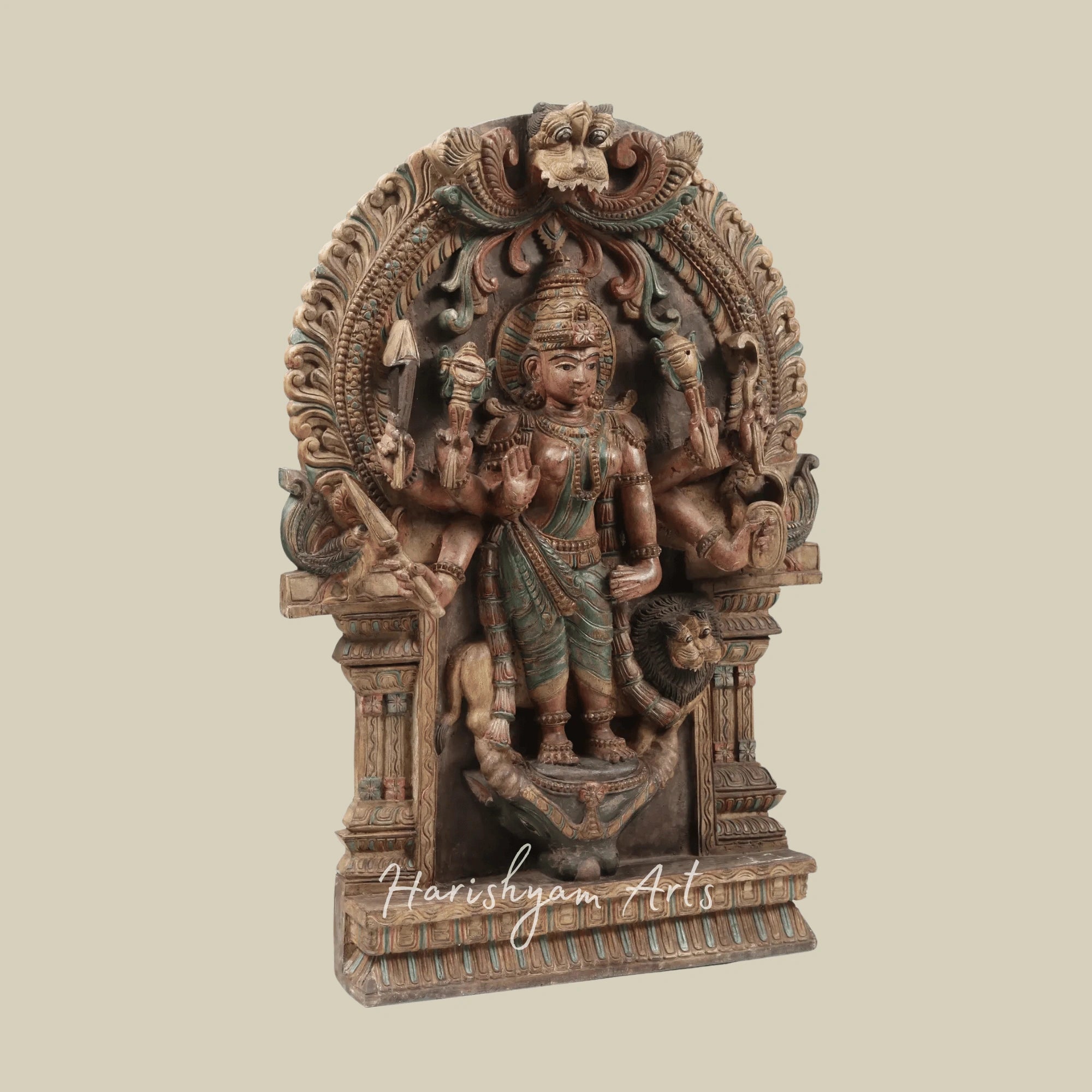 36" Large Eight-Armed Goddess Durga with Kirtimukha Arch Intricately Carved Wooden Durga Statue for Wall Hanging