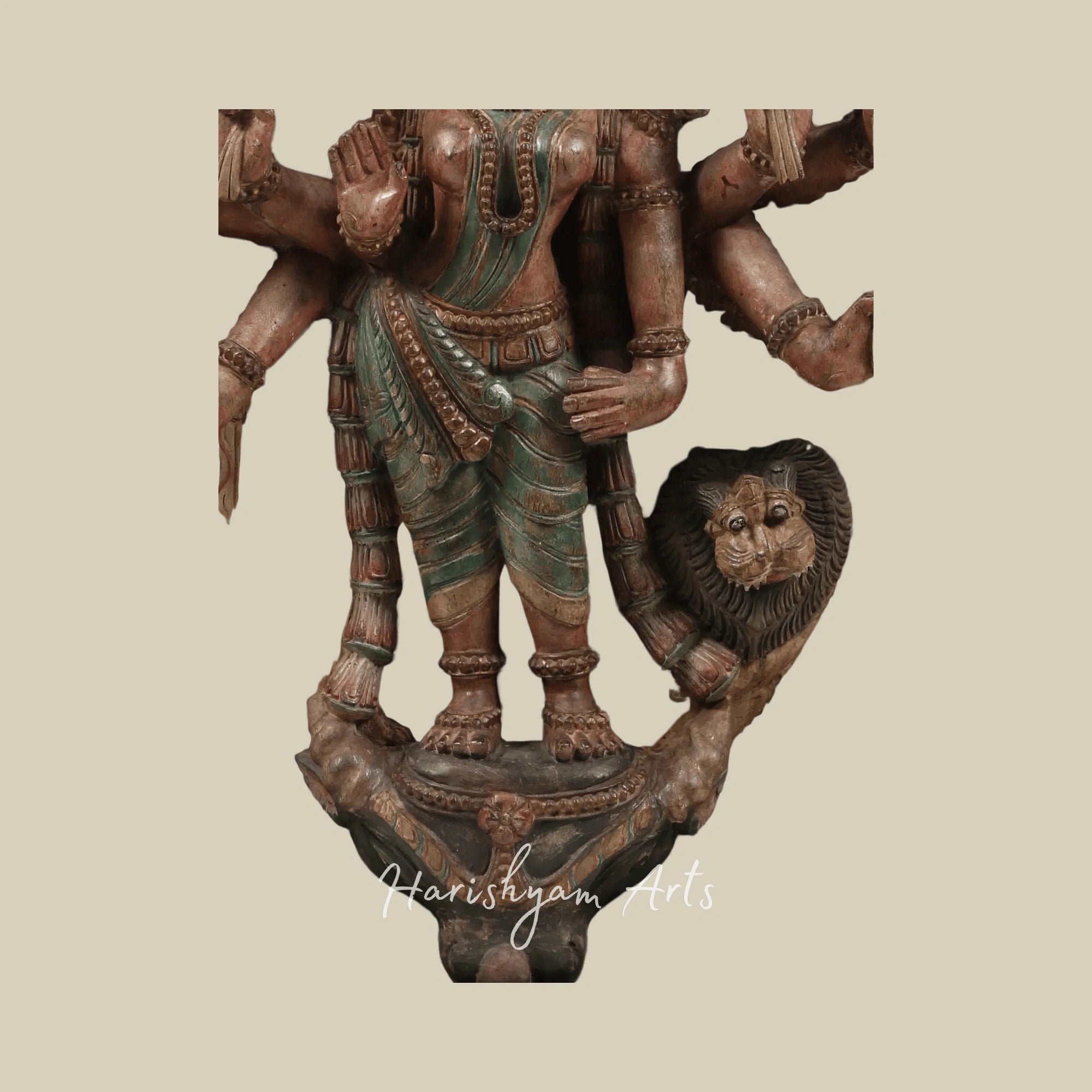 36" Large Eight-Armed Goddess Durga with Kirtimukha Arch Intricately Carved Wooden Durga Statue for Wall Hanging