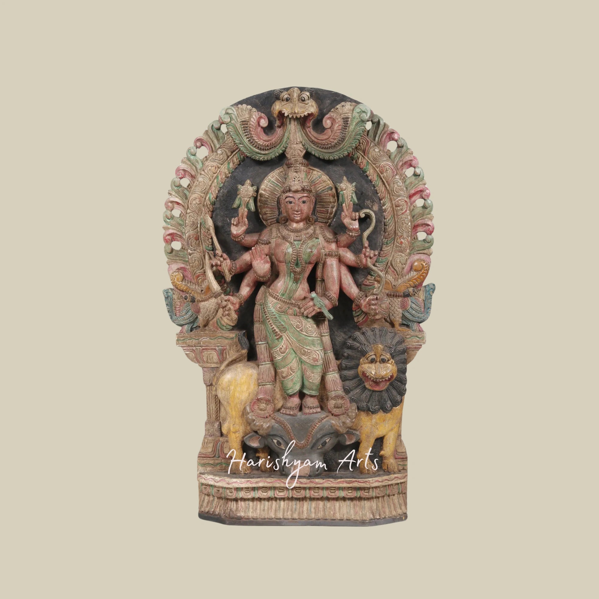 36" Large Wooden Durga Sculpture with Kirtimukha Arch Decorative Goddess Durga Figurine for Home Decor