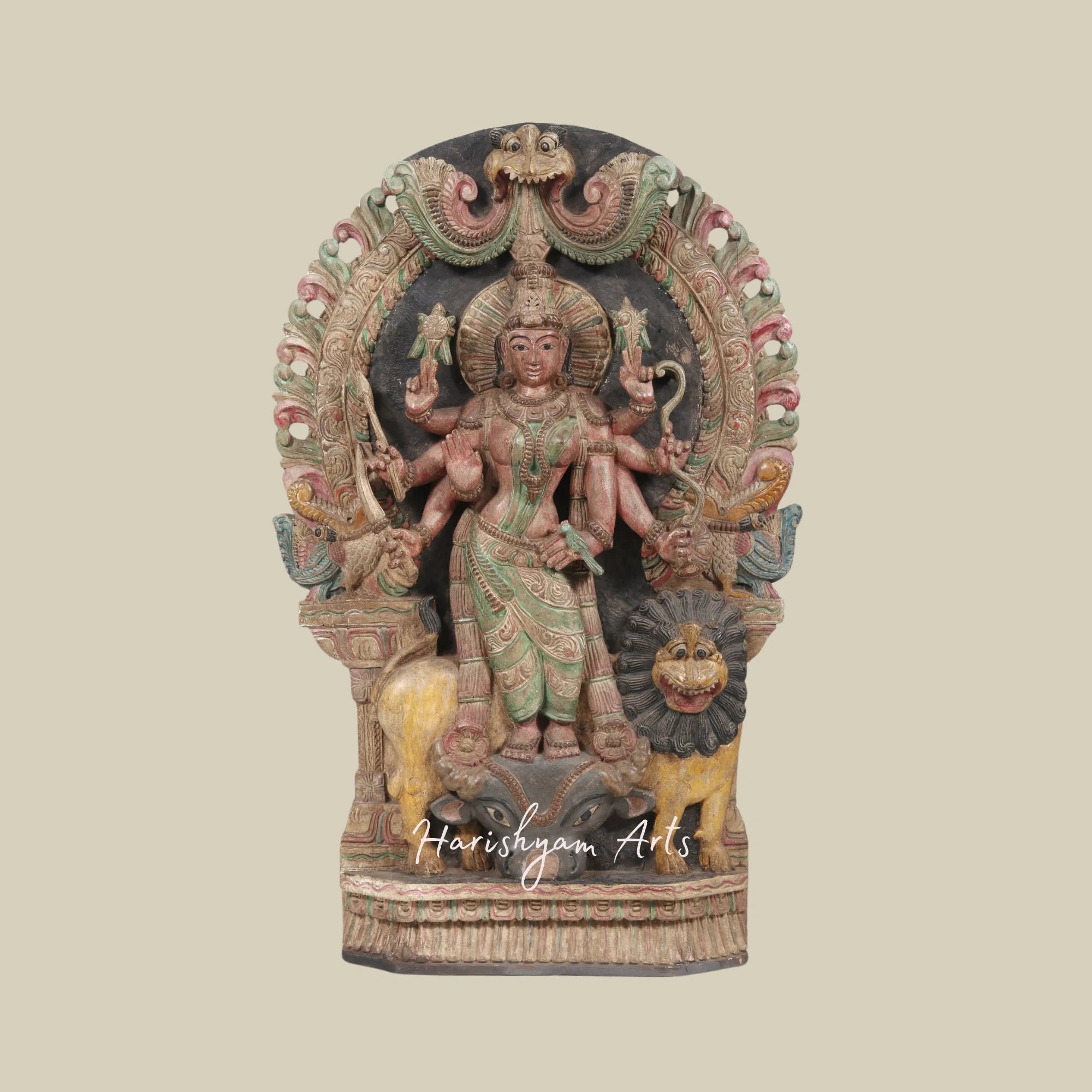 36" Large Wooden Durga Sculpture with Kirtimukha Arch Decorative Goddess Durga Figurine for Home Decor1