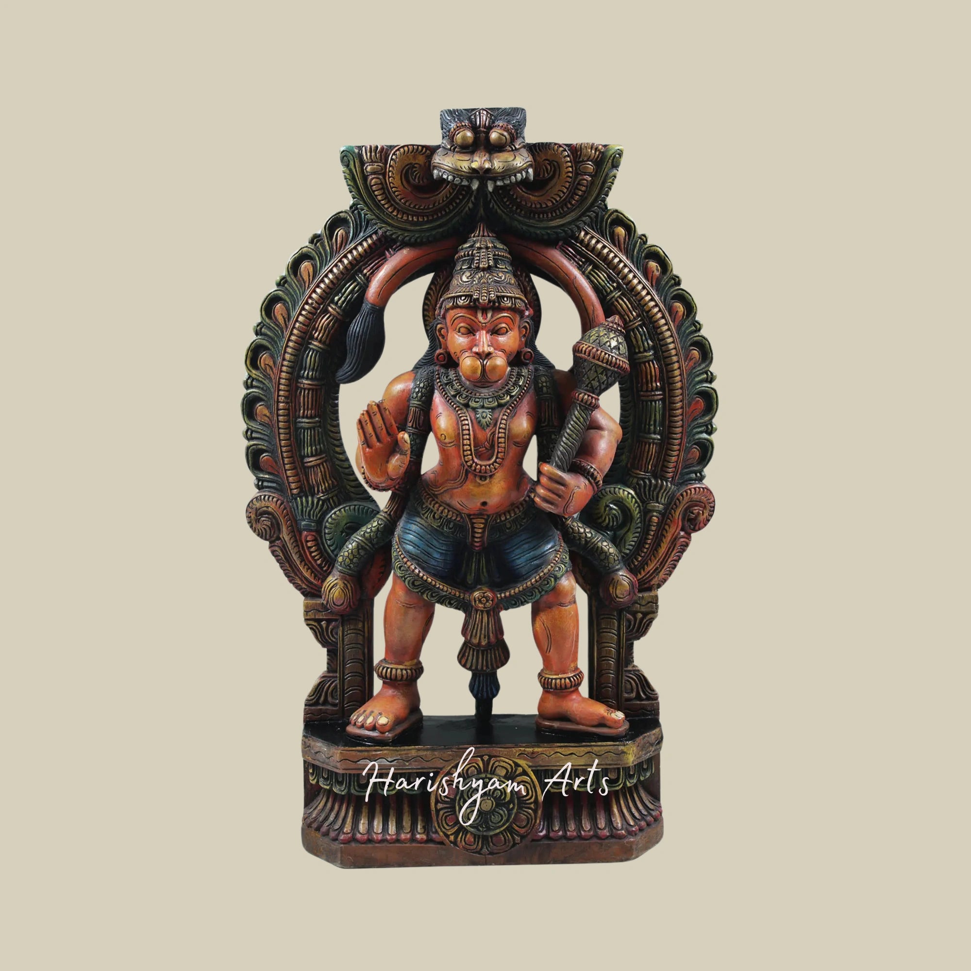 36" Large Wooden Standing Hanuman Ji with Sacred Kirtimukha Throne