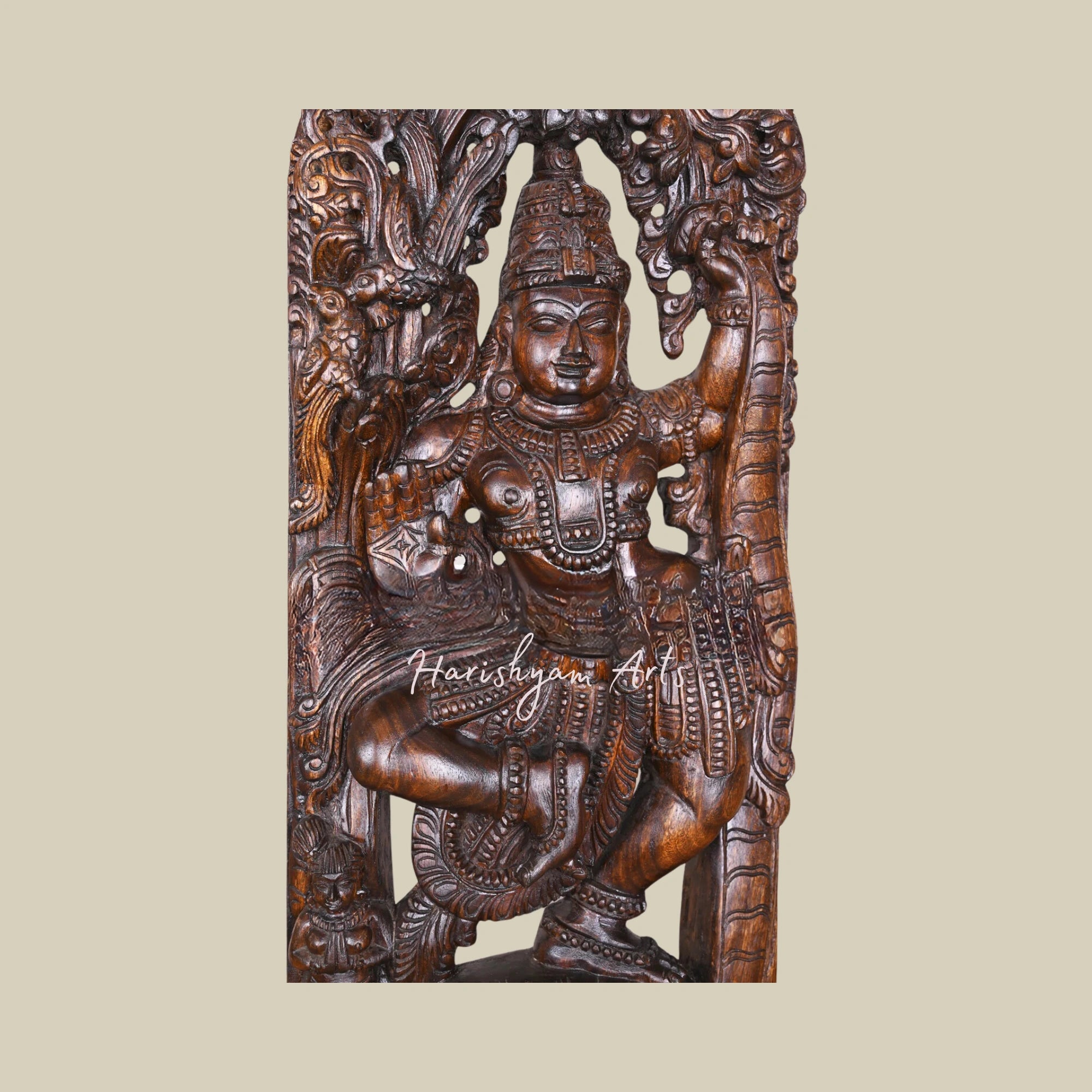 36" Lord Krishna Dancing on Snake Demon Kalinga with Polished Wooden Jali Work Wall Mount1