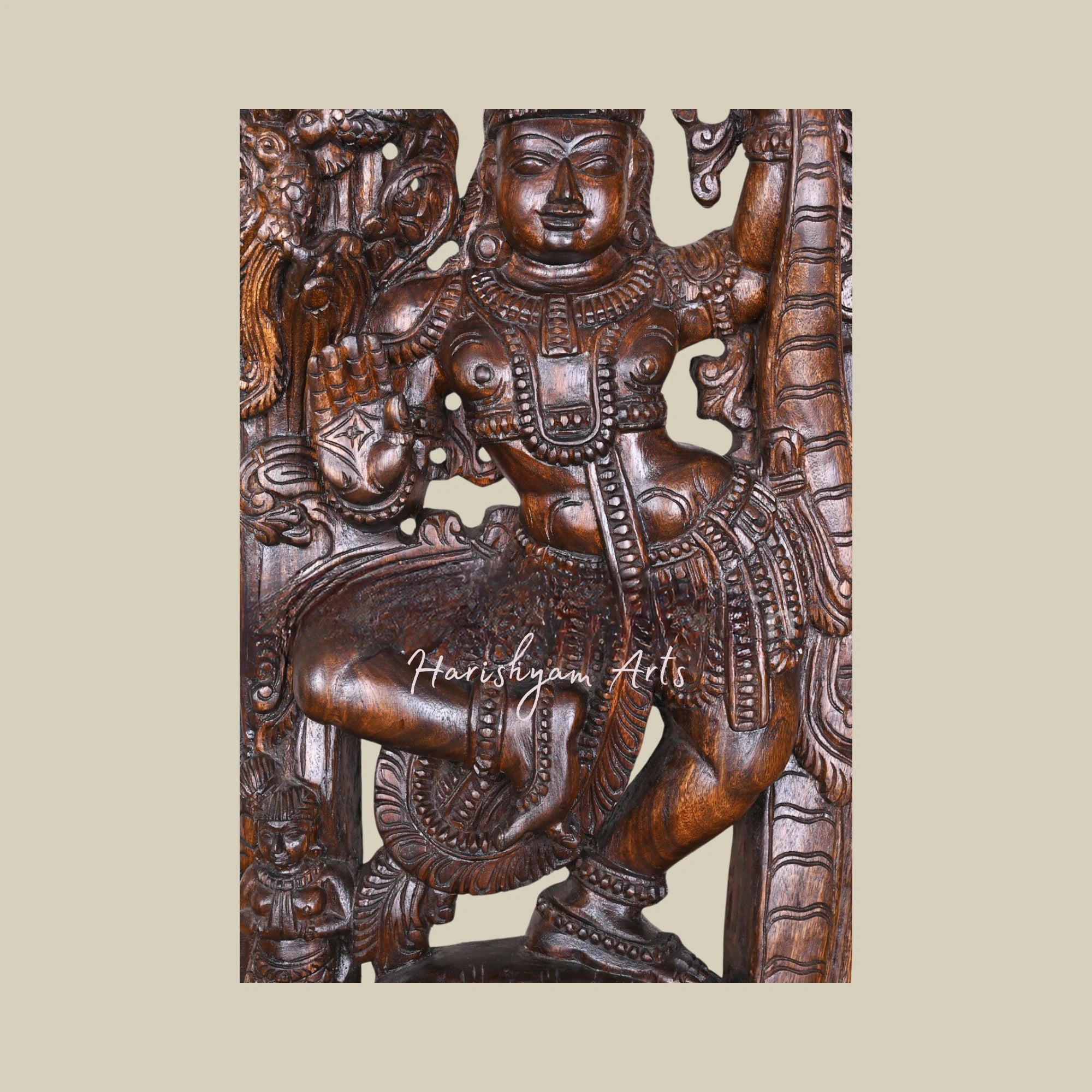 36" Lord Krishna Dancing on Snake Demon Kalinga with Polished Wooden Jali Work Wall Mount2