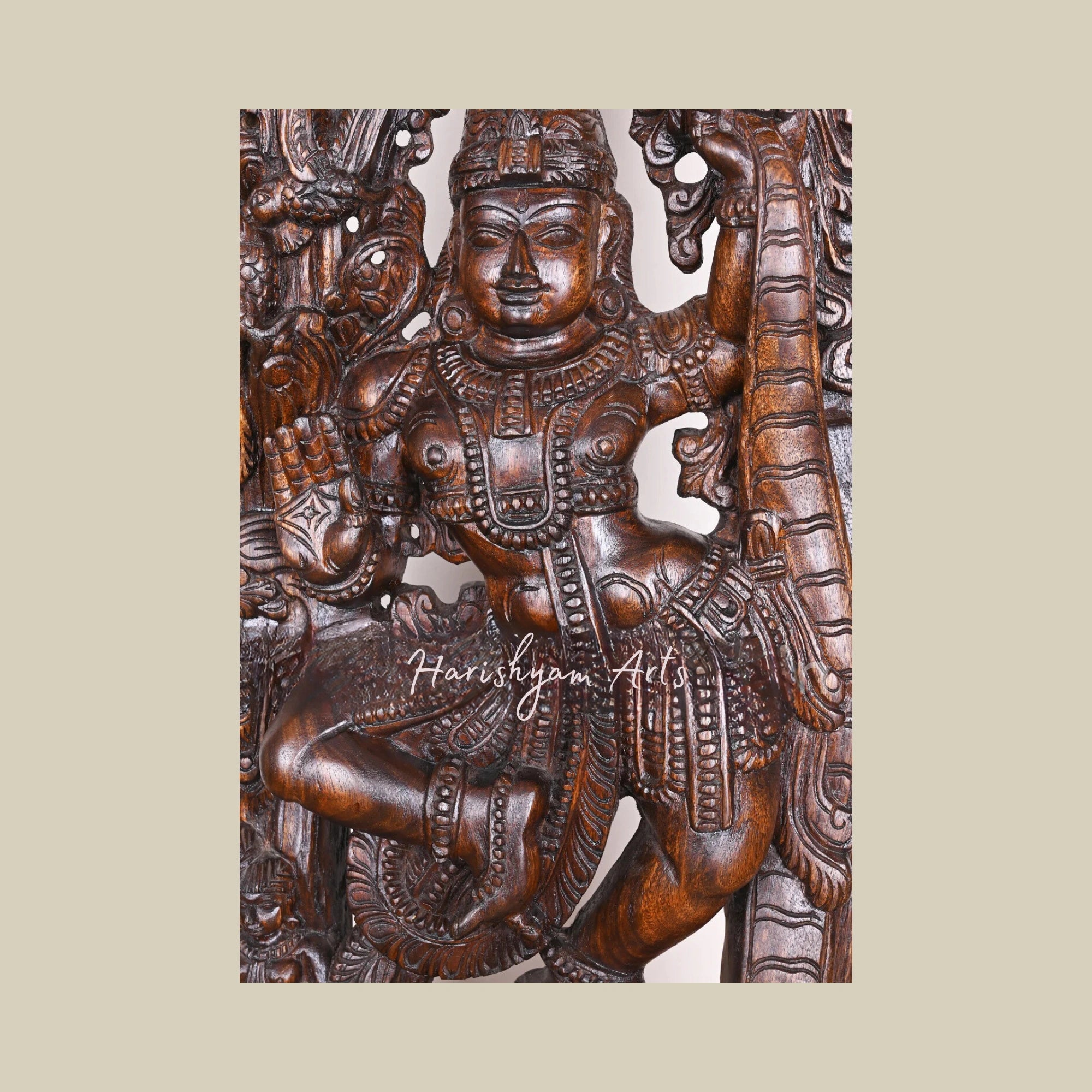 36" Lord Krishna Dancing on Snake Demon Kalinga with Polished Wooden Jali Work Wall Mount4