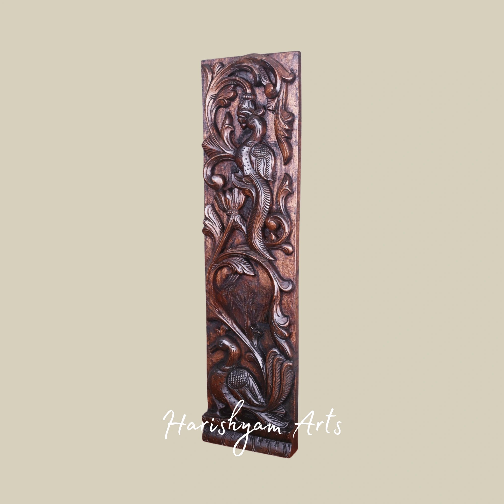 36" Standing Parrot Wooden Vaagai Panel – Intricate Handcarved Door & Wall Décor Accent