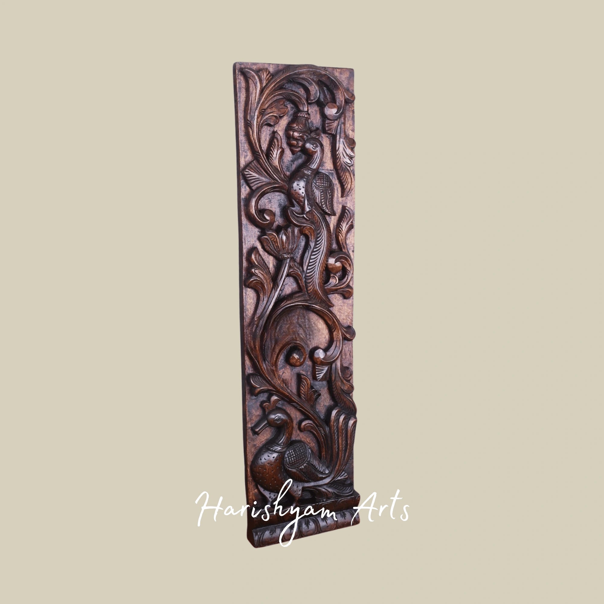 36" Standing Parrot Wooden Vaagai Panel – Intricate Handcarved Door & Wall Décor Accent