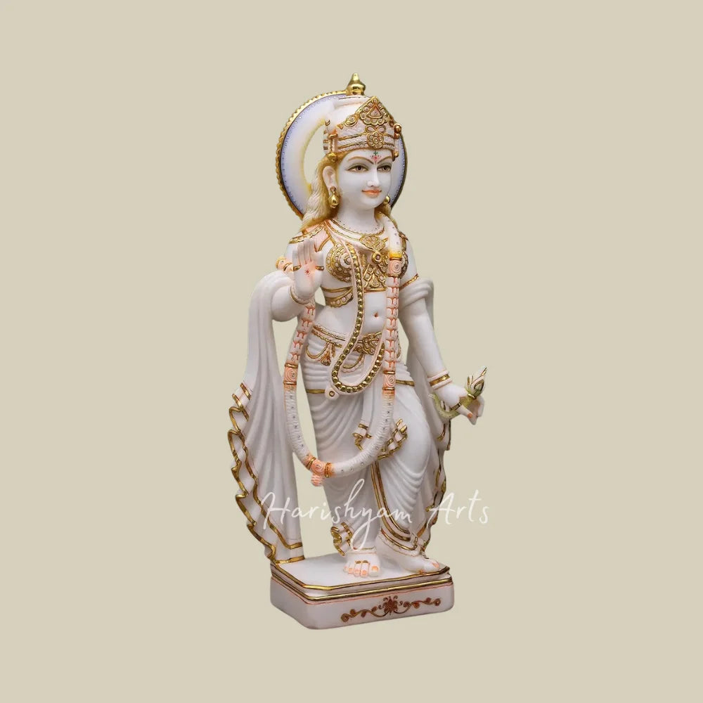 36" Premium Marble Radha Krishna Murti Set with Flute Peacock and Ornate Golden Crowns