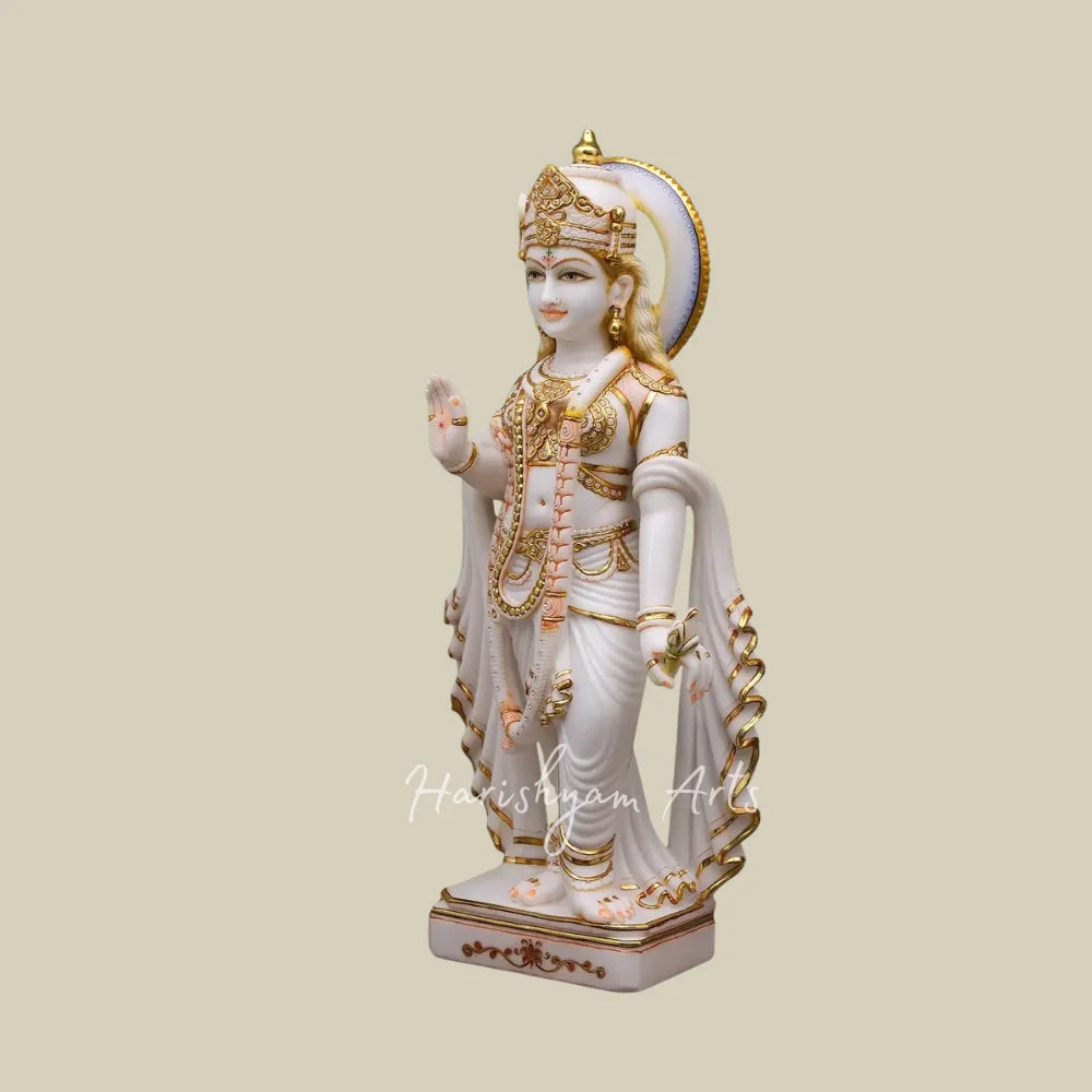 36" Premium Marble Radha Krishna Murti Set with Flute Peacock and Ornate Golden Crowns