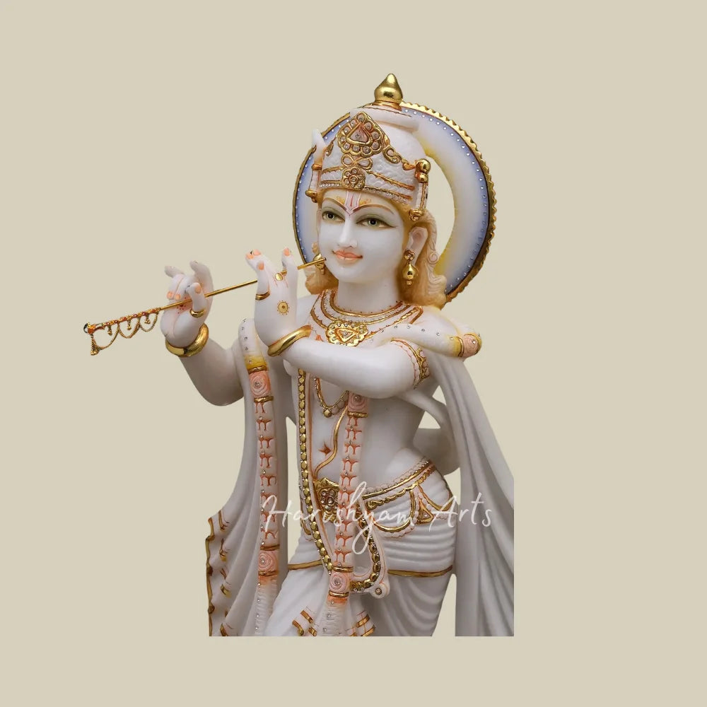 36" Premium Marble Radha Krishna Murti Set with Flute Peacock and Ornate Golden Crowns