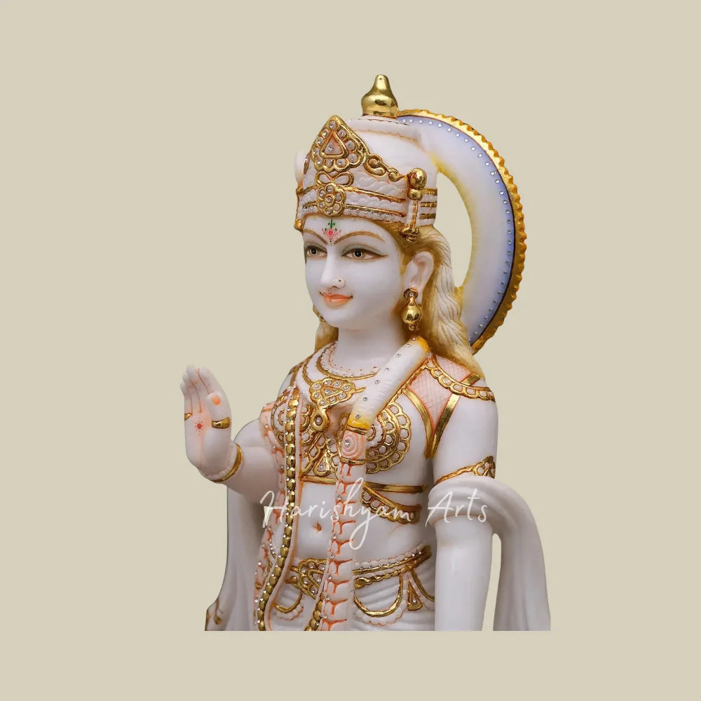 36" Premium Marble Radha Krishna Murti Set with Flute Peacock and Ornate Golden Crowns