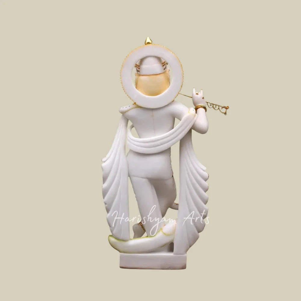 36" Premium Marble Radha Krishna Murti Set with Flute Peacock and Ornate Golden Crowns
