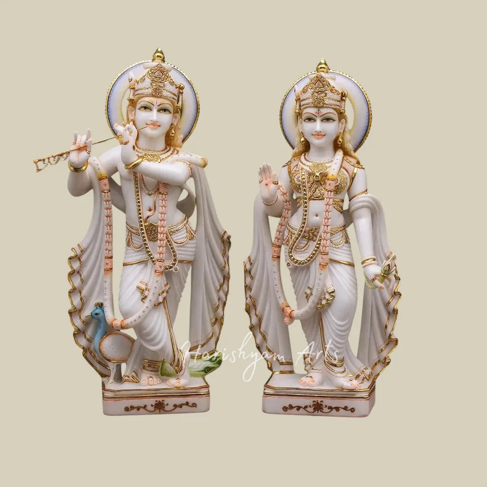 36" Premium Marble Radha Krishna Murti Set with Flute Peacock and Ornate Golden Crowns