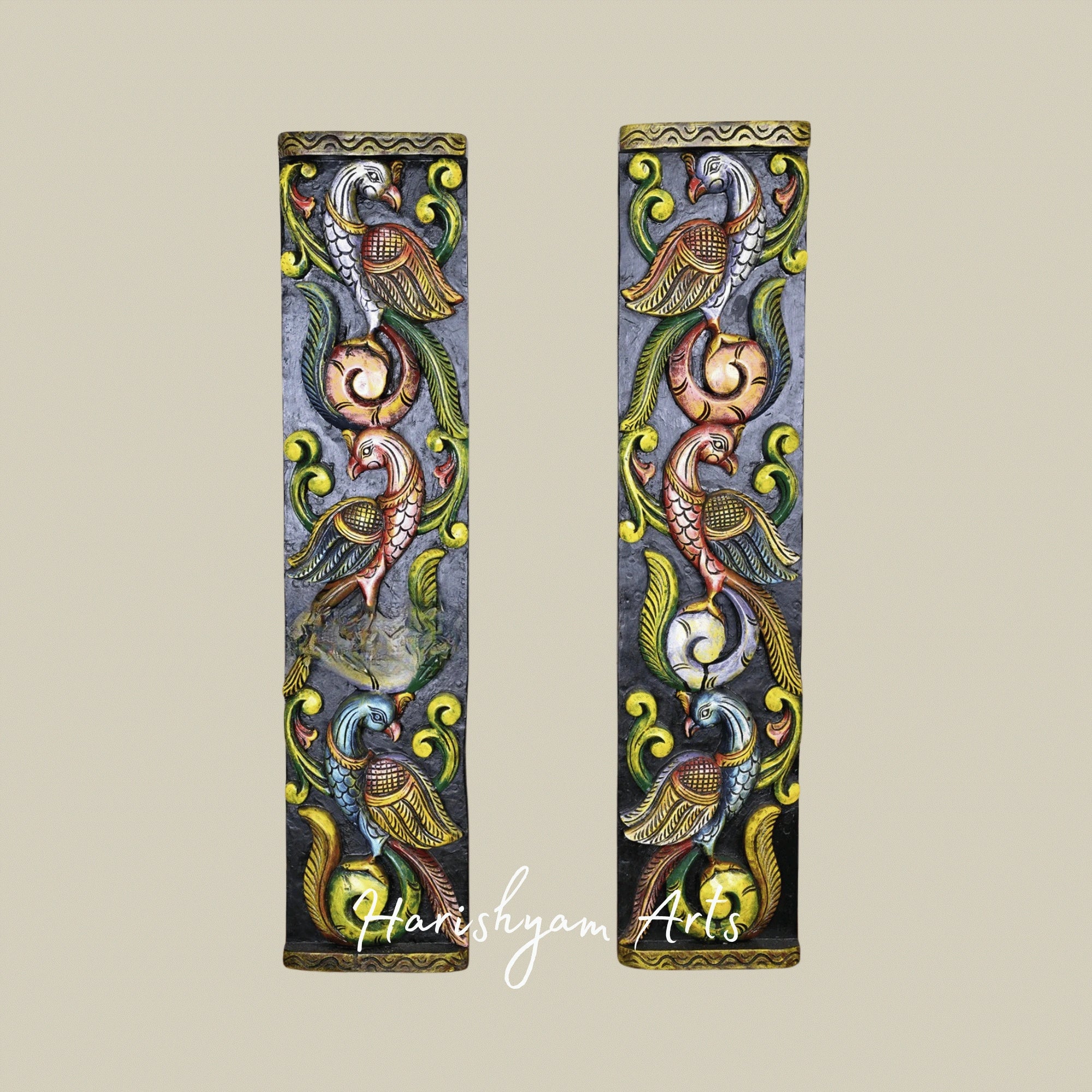 36" Regal Peacock Wooden Wall Panel Pair – Intricately Handcarved Traditional Wall Décor