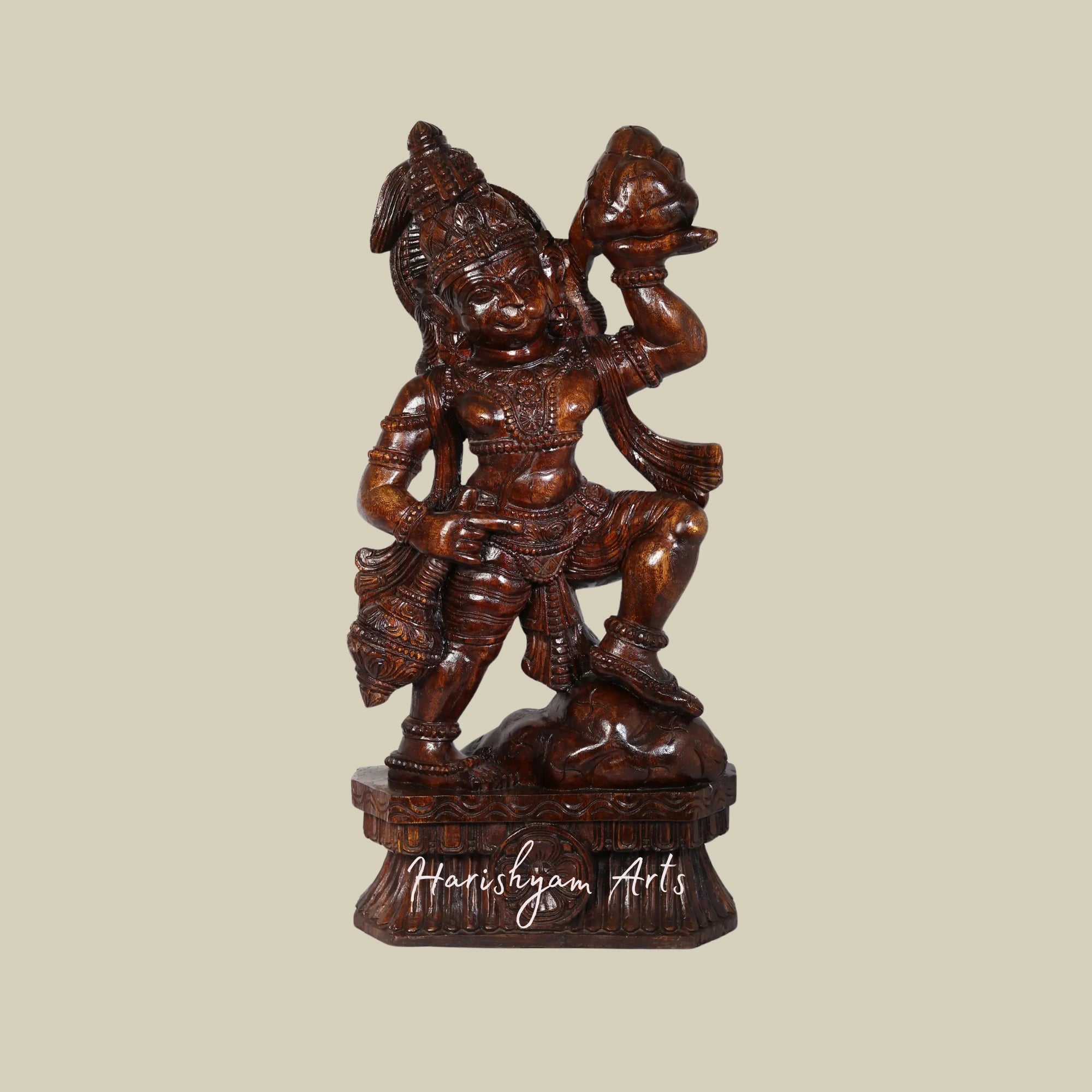 36" Rustic Hanuman Carving Idol with Sanjeevani Mountain