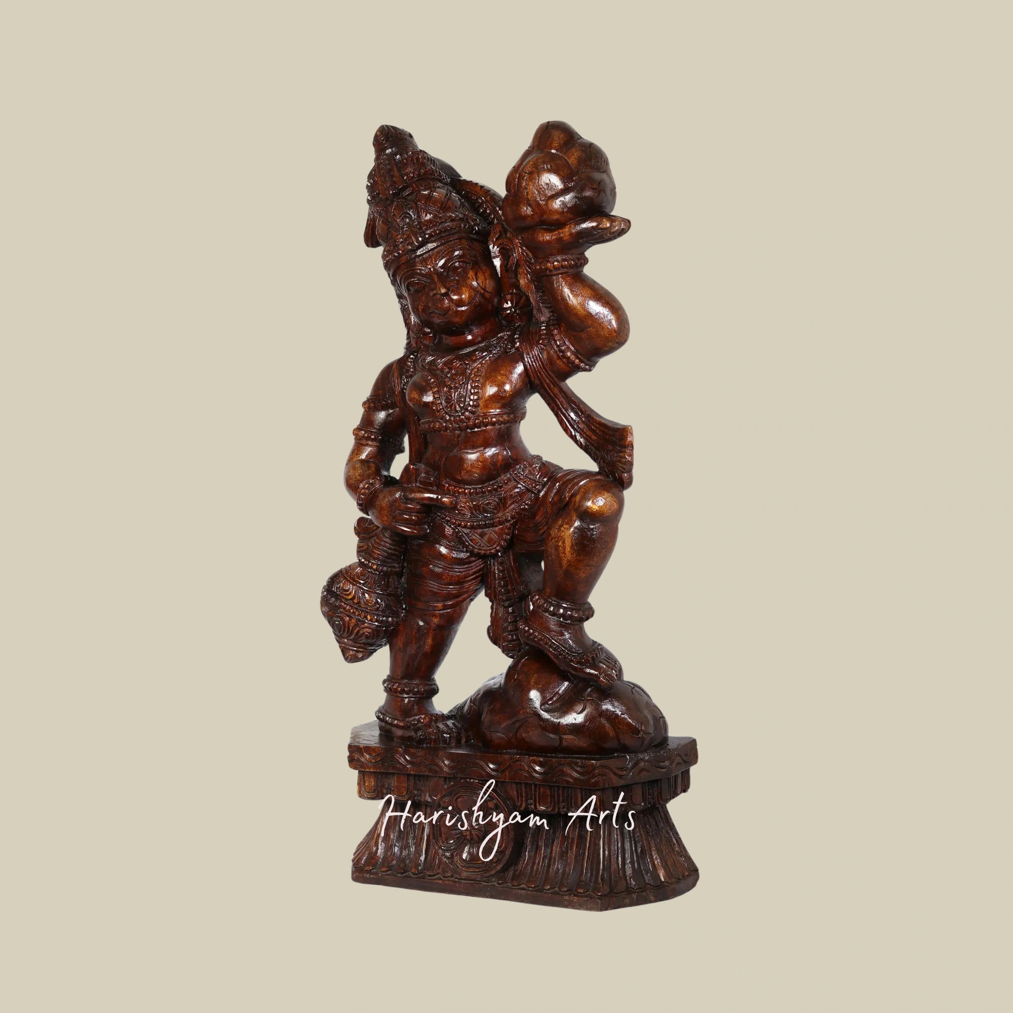 36" Rustic Hanuman Carving Idol with Sanjeevani Mountain4