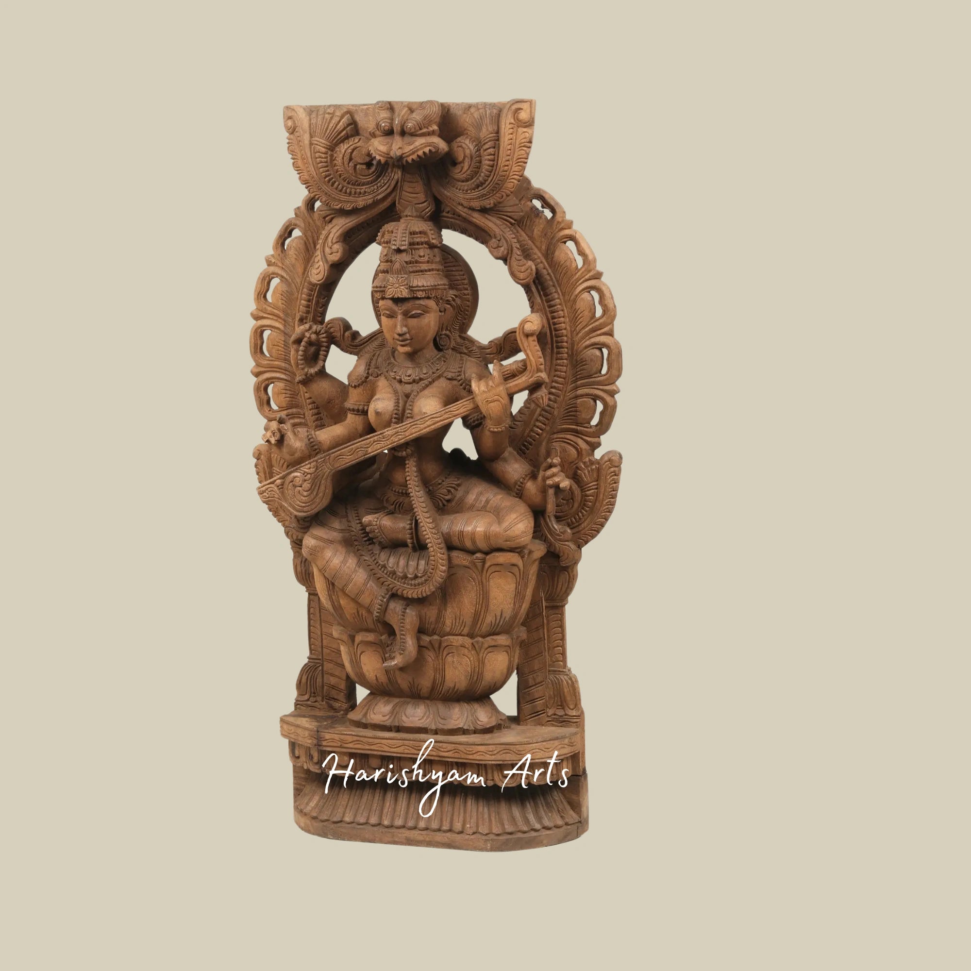 36" Saraswati Idol Big Size Seated on Kirtimukha Throne Wood Carved Statue1