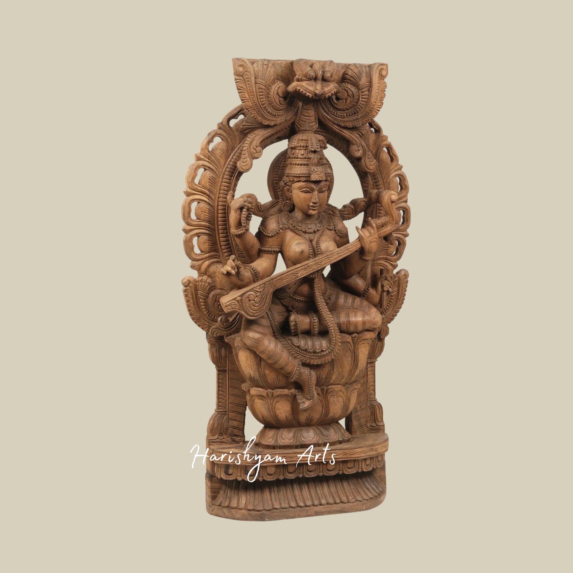 36" Saraswati Idol Big Size Seated on Kirtimukha Throne Wood Carved Statue2