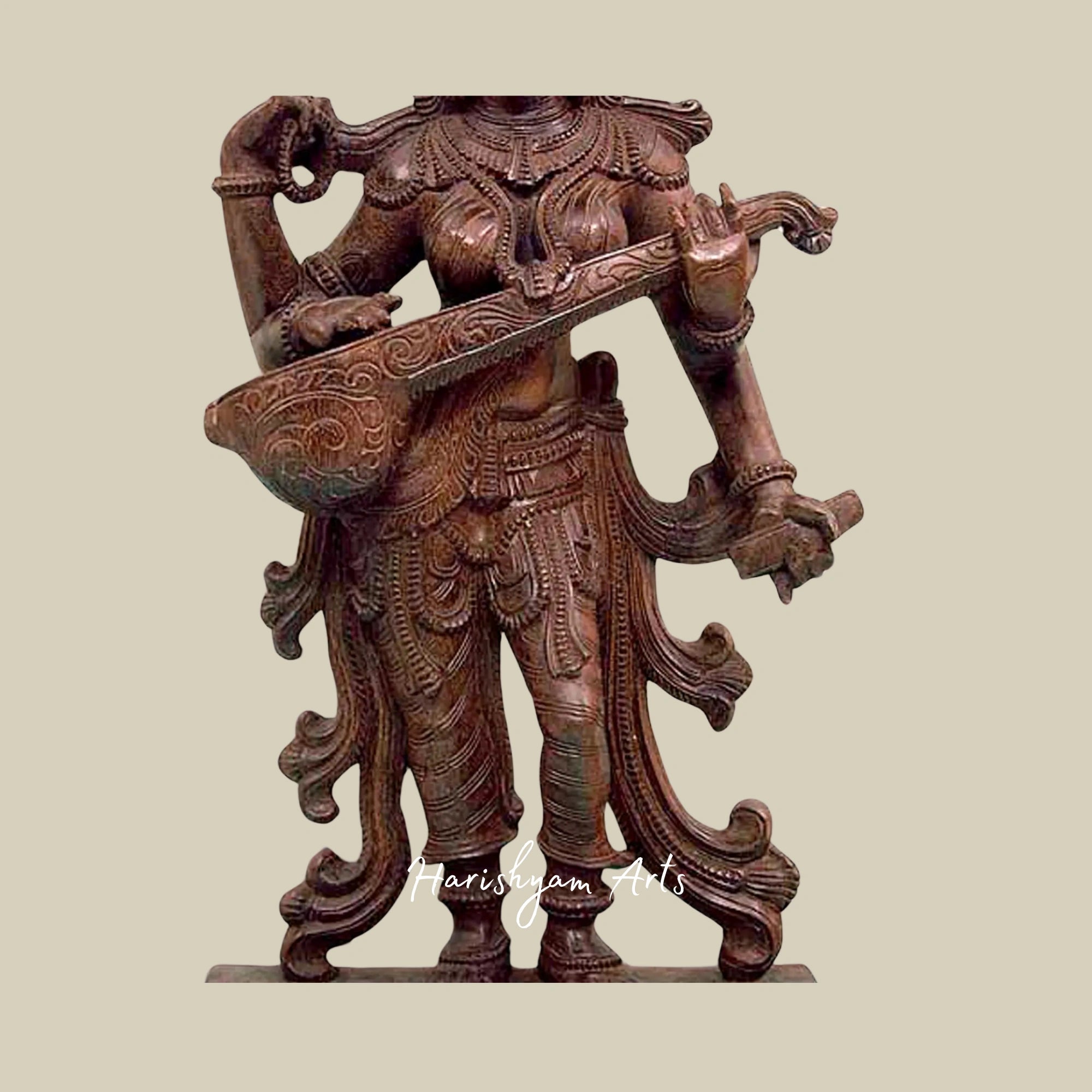 36" Saraswati Idol for Home – Elegant Wooden Saraswati Sculpture1