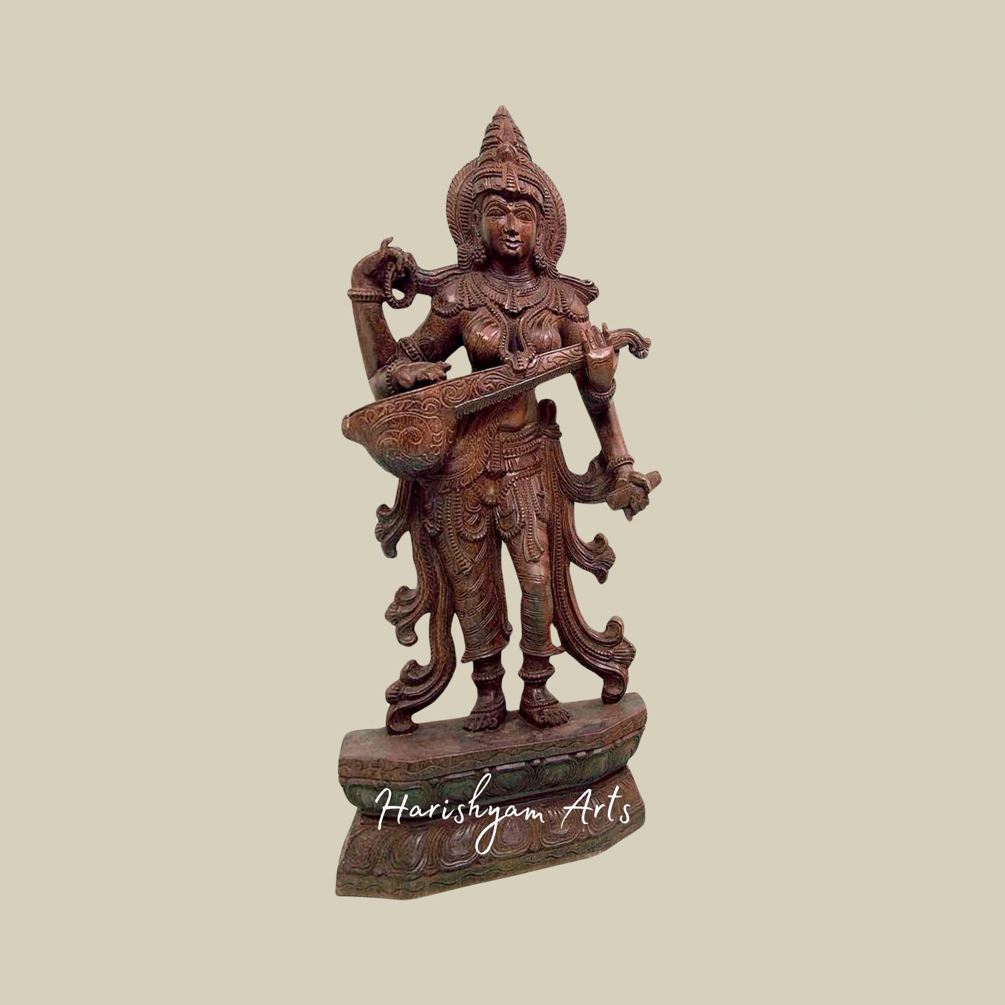 36" Saraswati Idol for Home – Elegant Wooden Saraswati Sculpture2