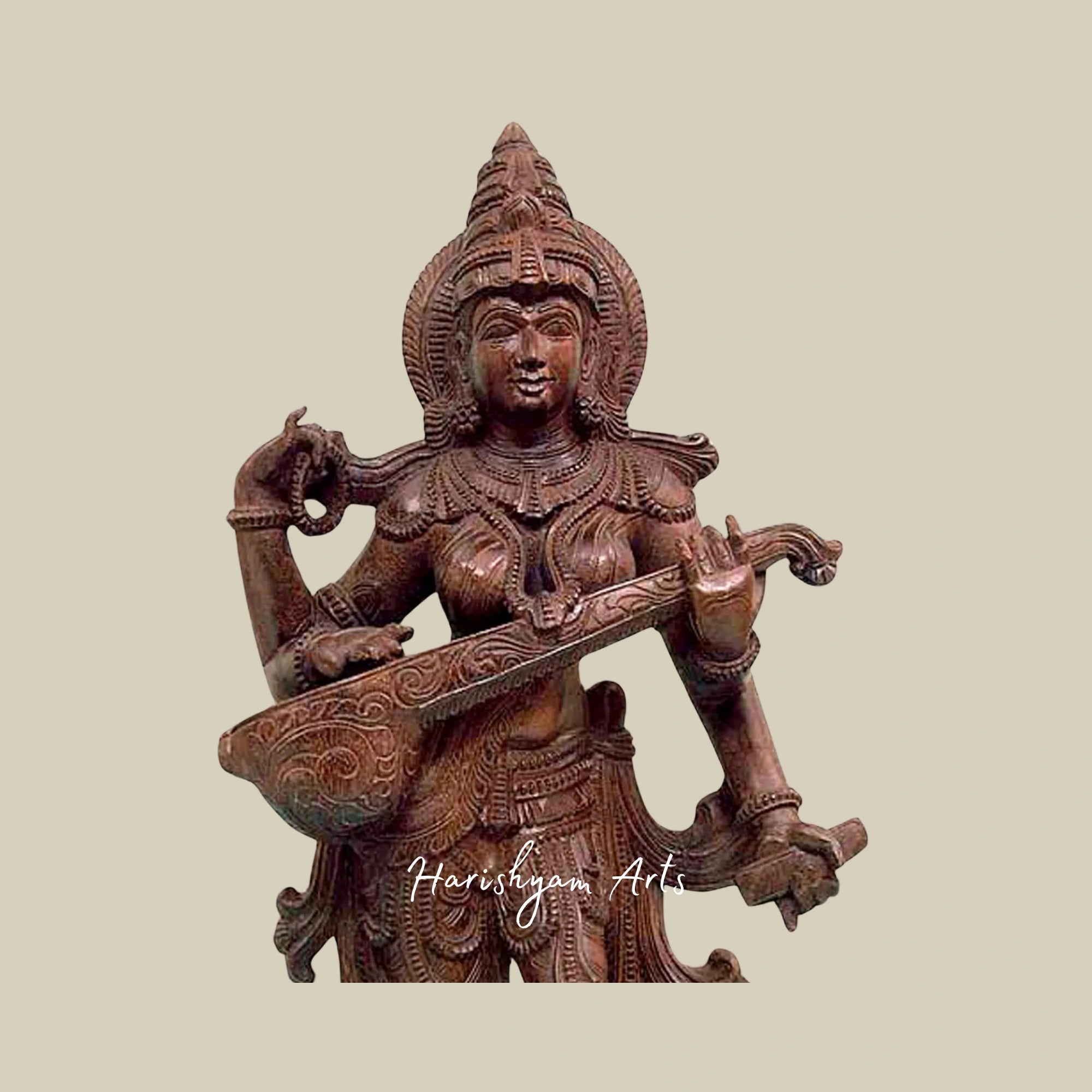 36" Saraswati Idol for Home – Elegant Wooden Saraswati Sculpture3