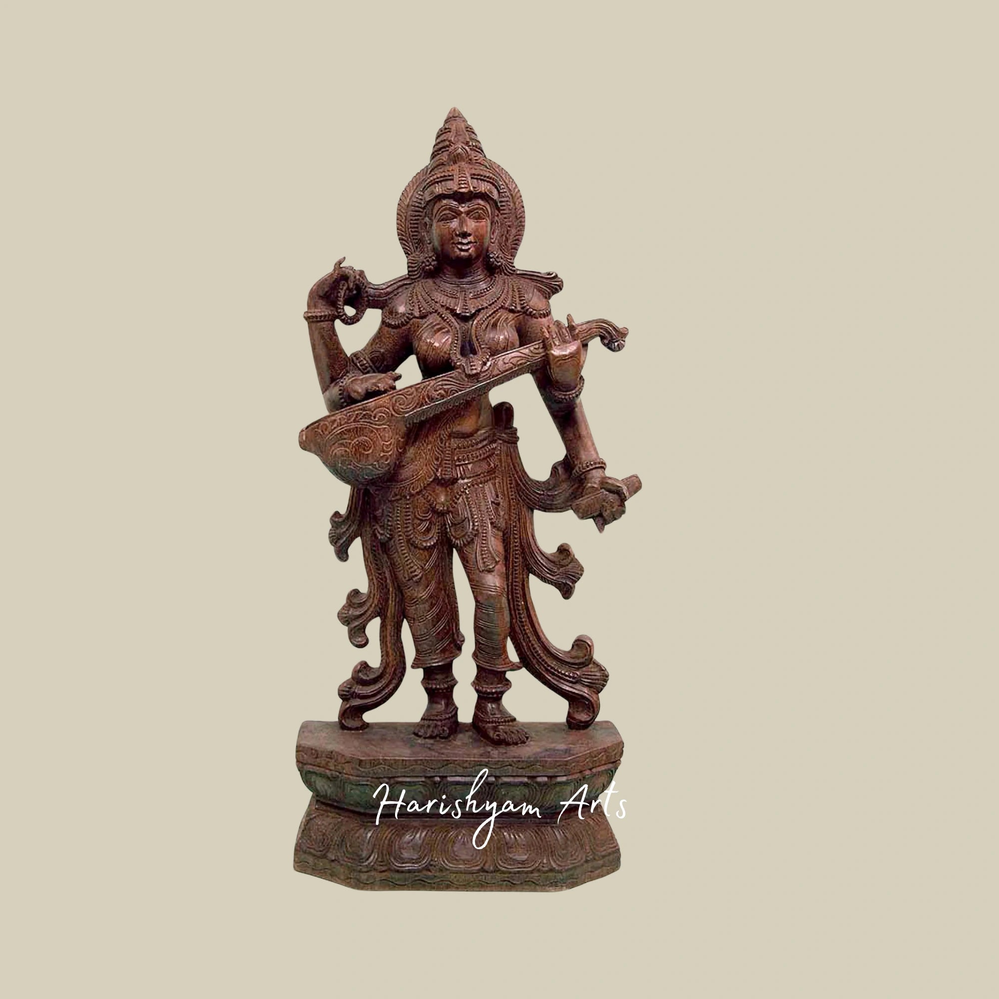 36" Saraswati Idol for Home – Elegant Wooden Saraswati Sculpture4