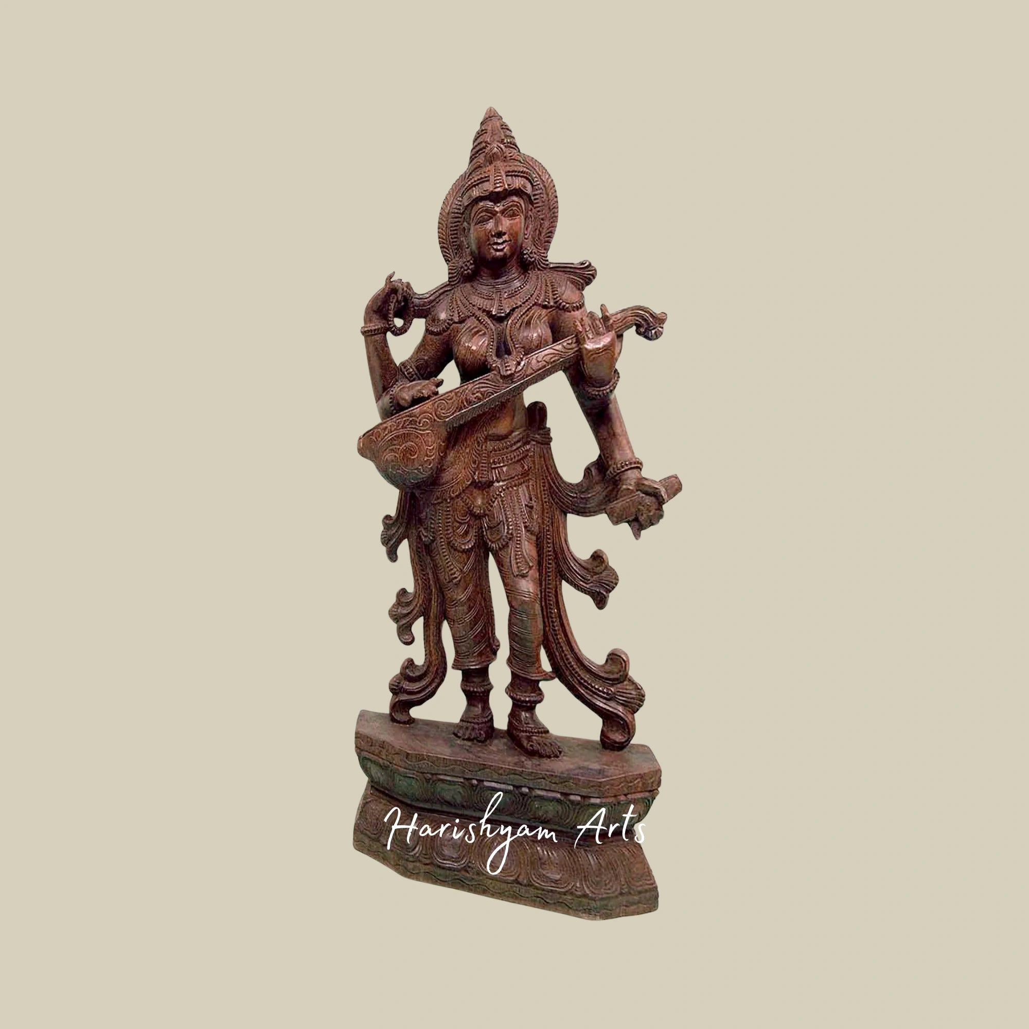 36" Saraswati Idol for Home – Elegant Wooden Saraswati Sculpture5