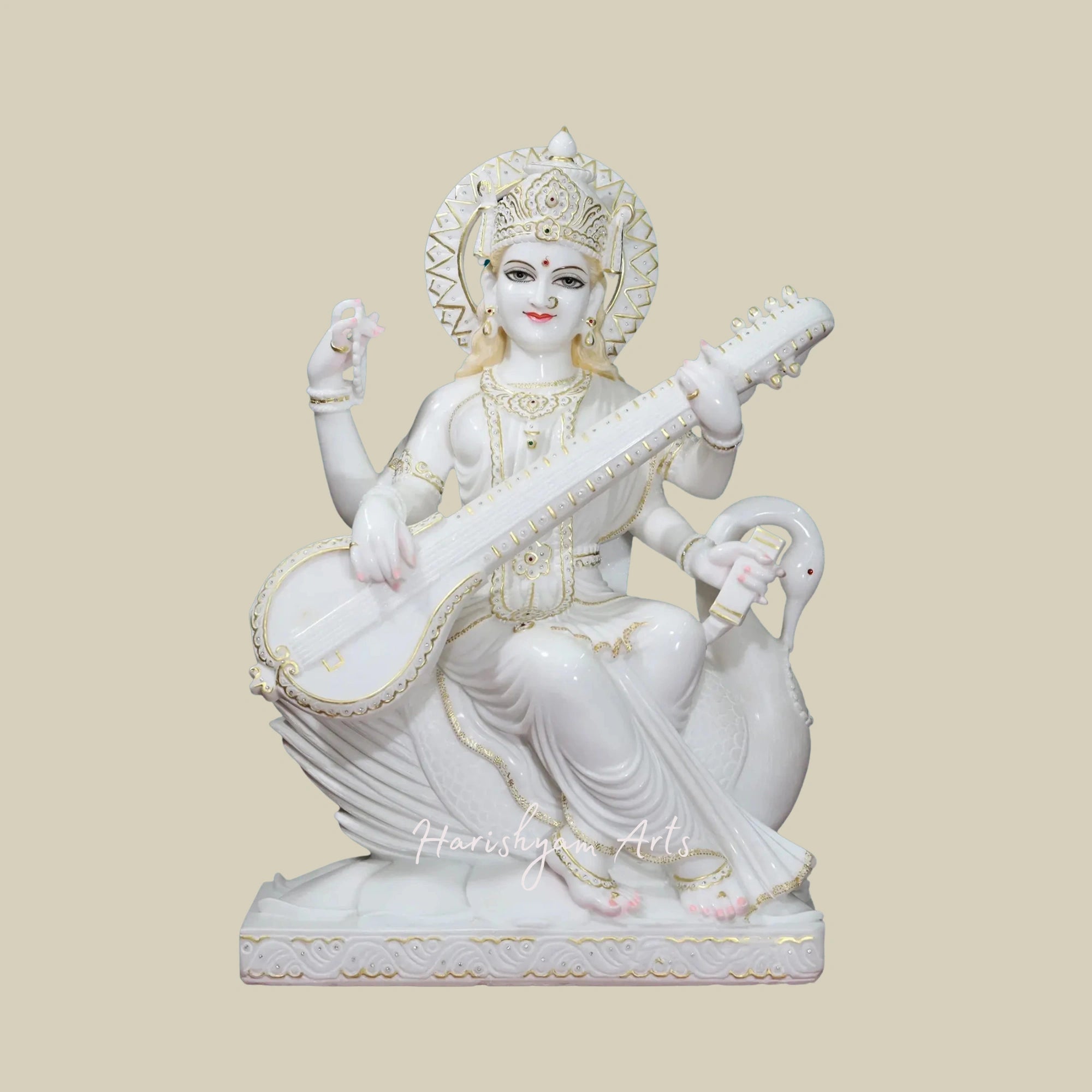 36" Saraswati Idol in Super White Vietnam Marble Perfect for Temples & Schools