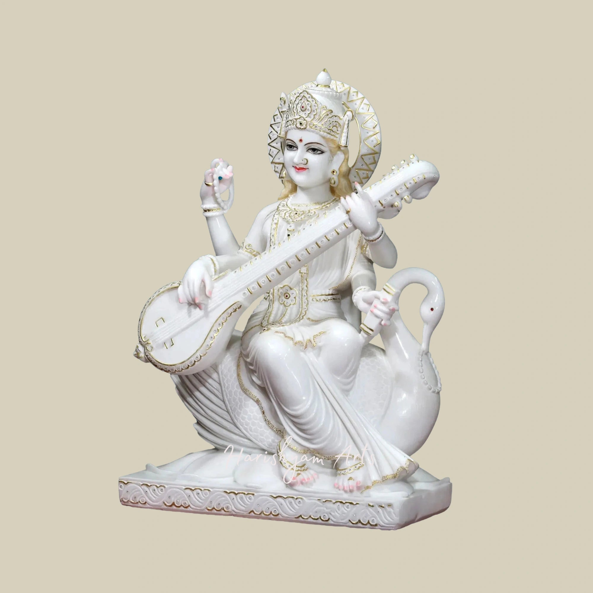 36" Saraswati Idol in Super White Vietnam Marble Perfect for Temples & Schools